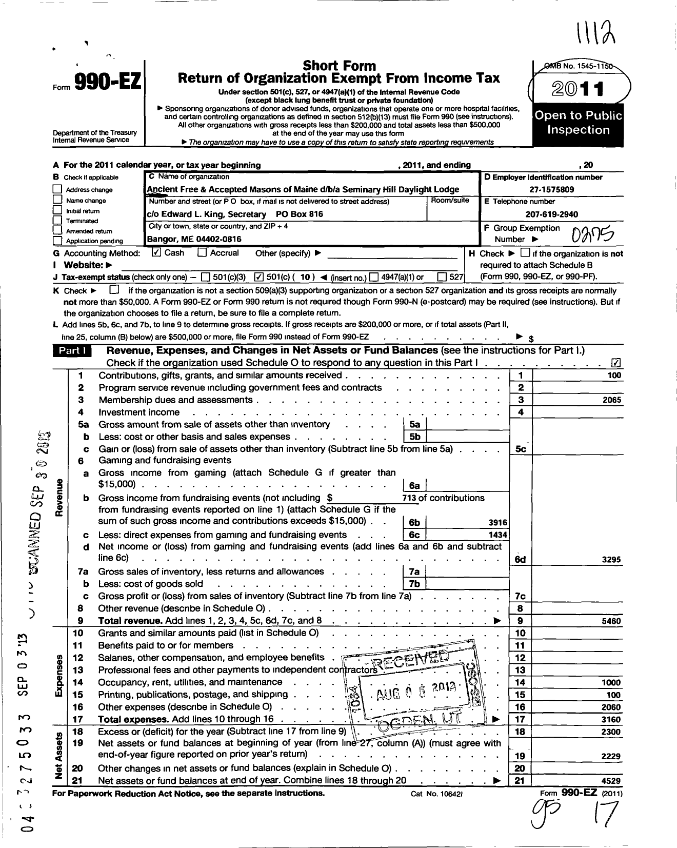 Image of first page of 2011 Form 990EO for Ancient Free and Accepted Masons of Maine - 220 Seminary Hill Daylight