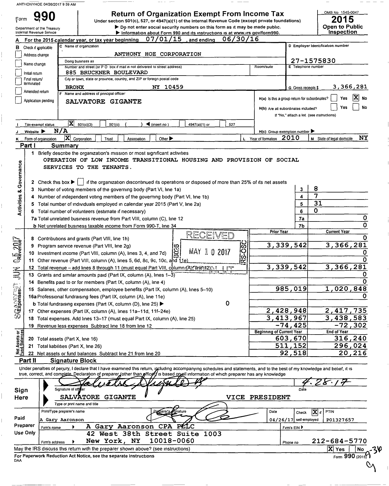 Image of first page of 2015 Form 990 for Anthony Hoe Corporation