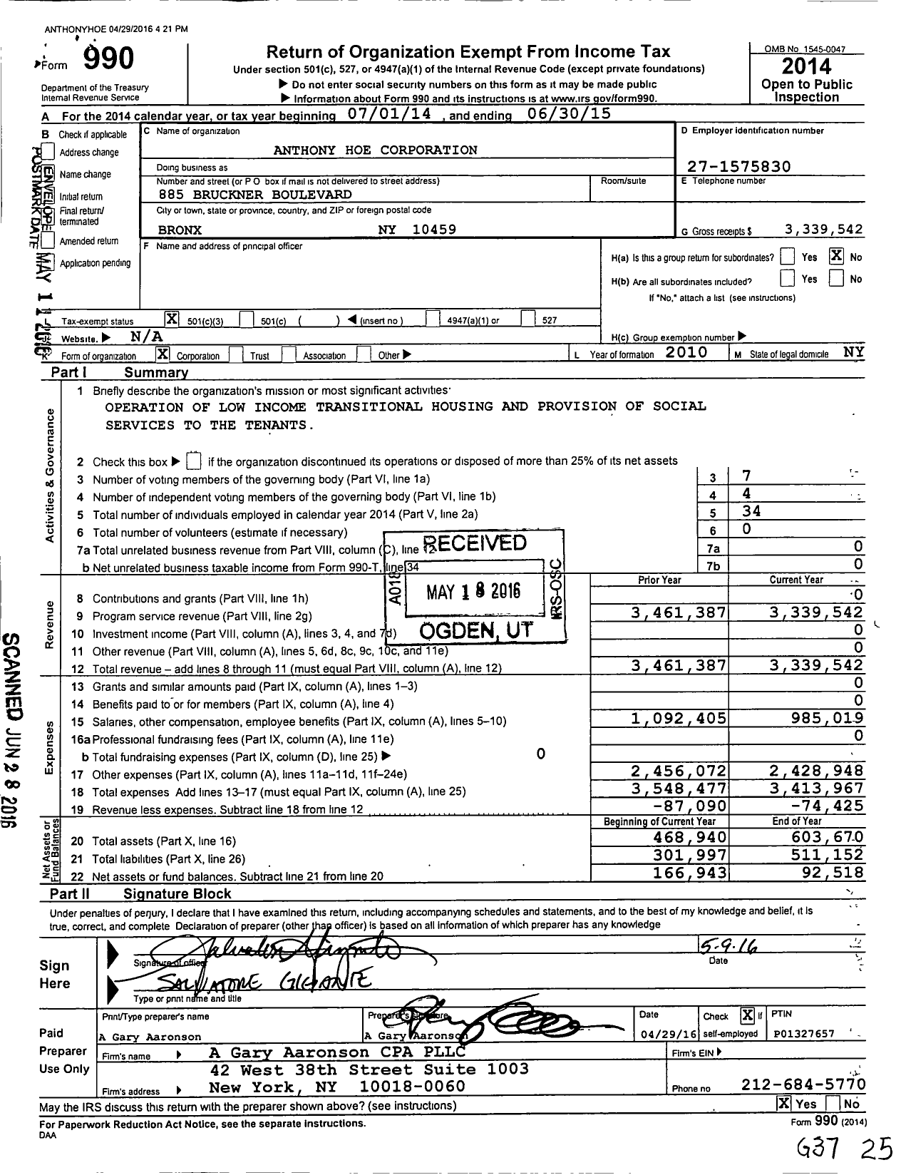 Image of first page of 2014 Form 990 for Anthony Hoe Corporation
