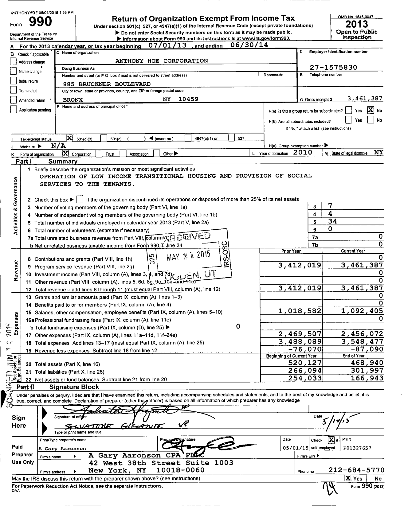 Image of first page of 2013 Form 990 for Anthony Hoe Corporation