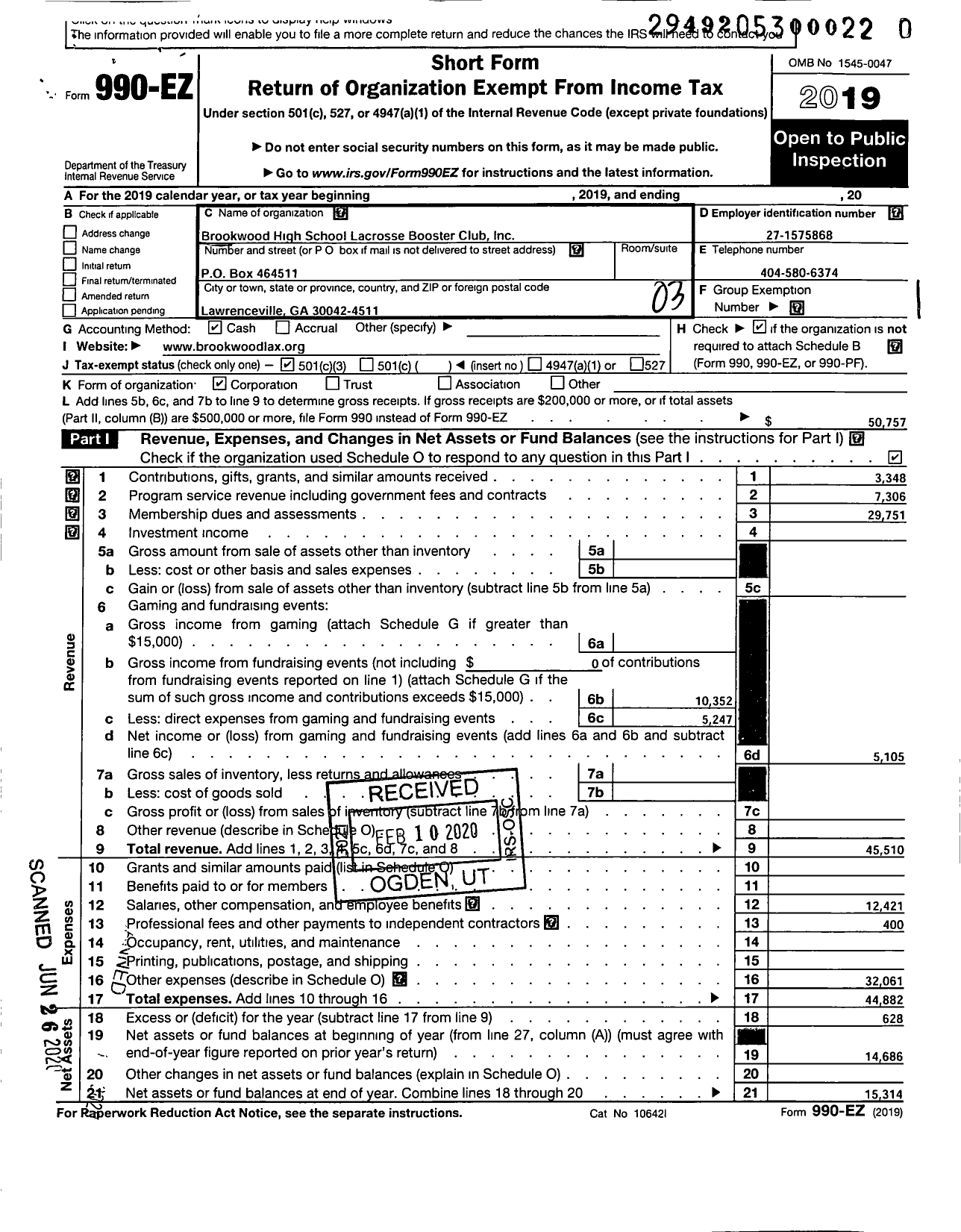 Image of first page of 2019 Form 990EZ for Brookwood High School Lacrosse Booster Club