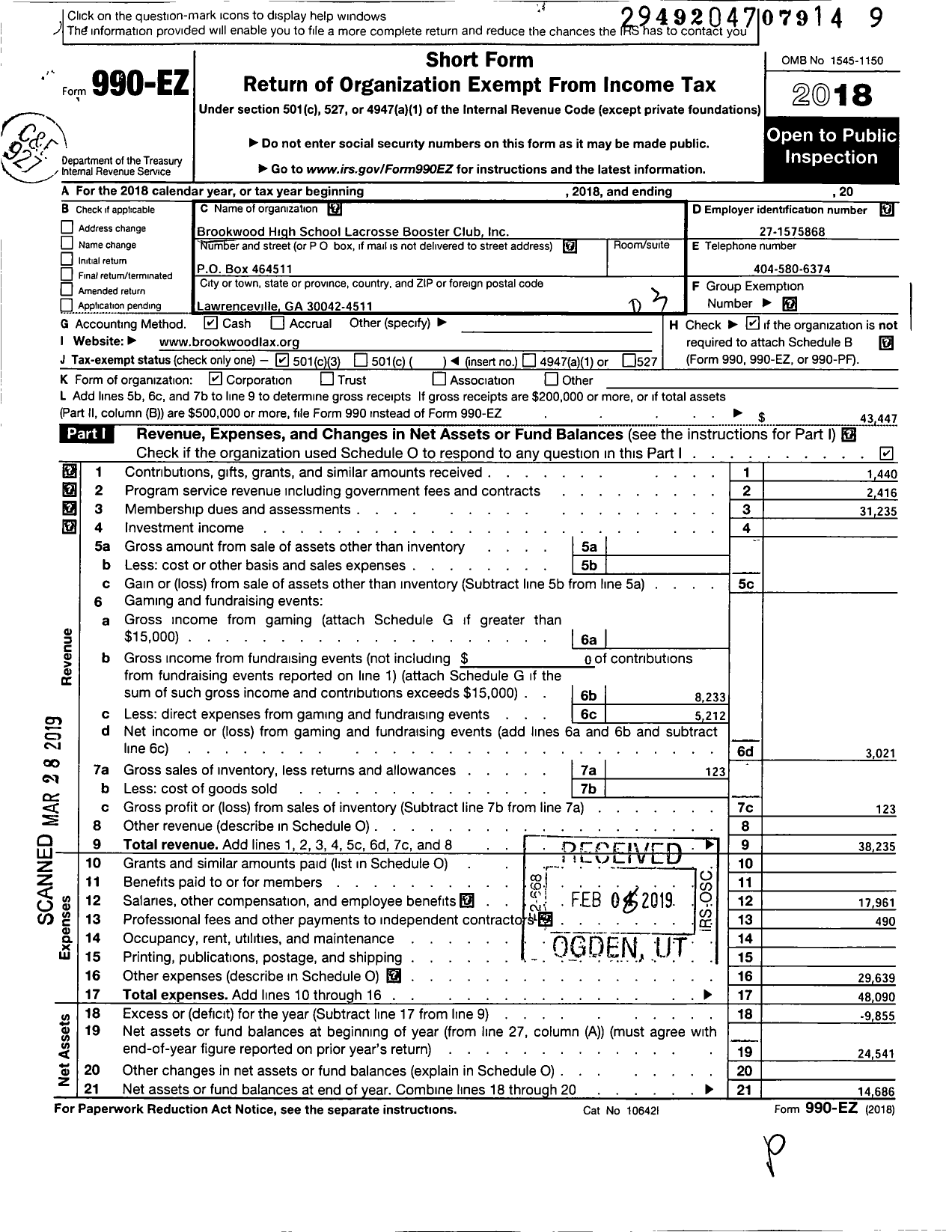 Image of first page of 2018 Form 990EZ for Brookwood High School Lacrosse Booster Club