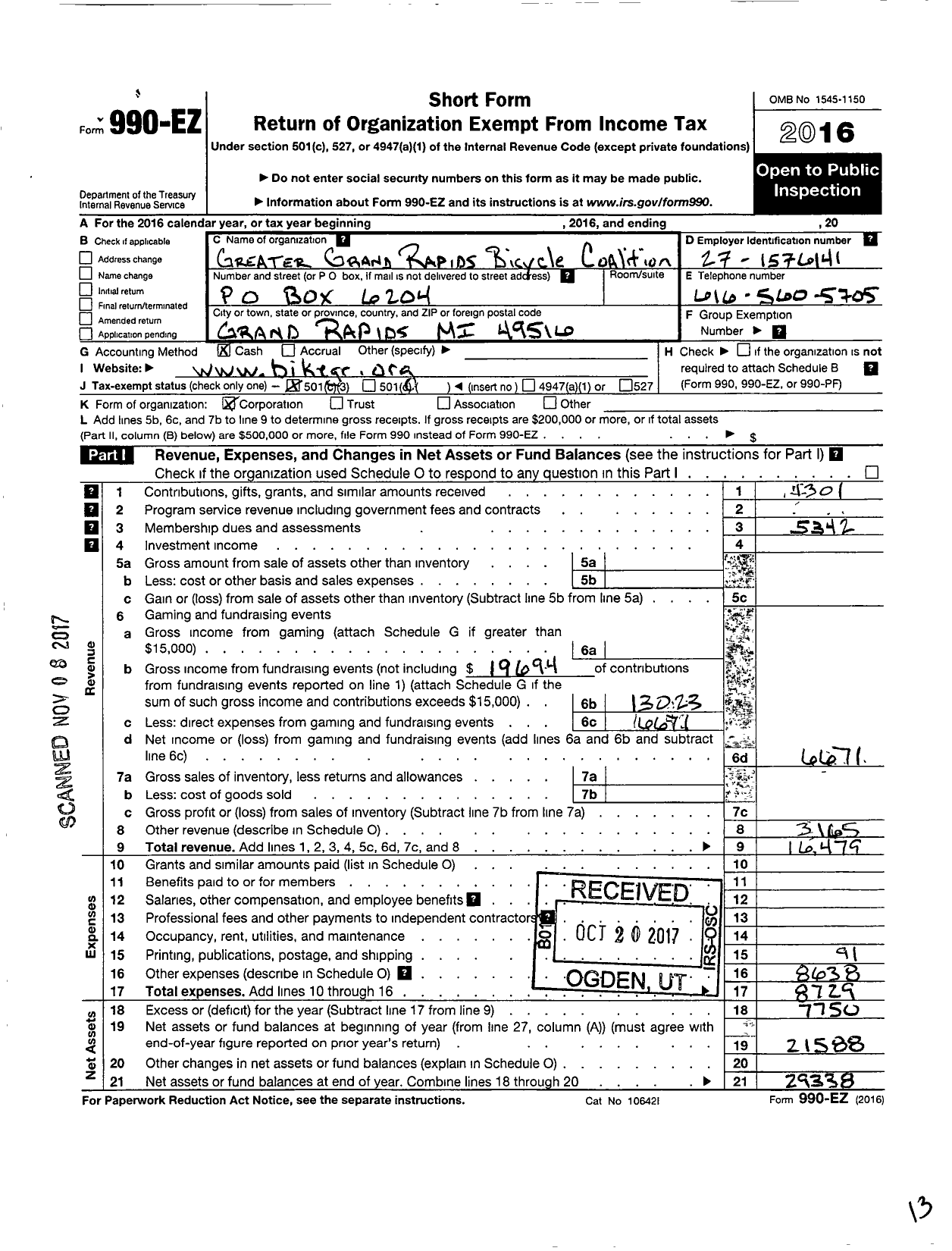 Image of first page of 2016 Form 990EZ for Greater Grand Rapids Bicycle Coalition