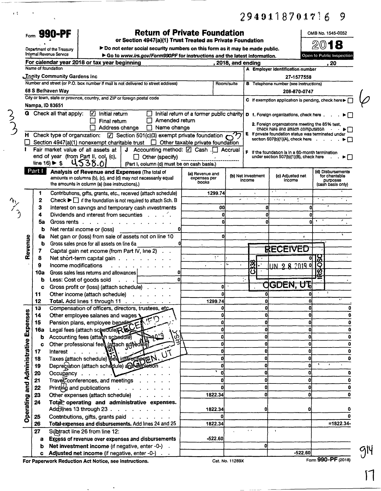 Image of first page of 2018 Form 990PF for Trinity Community Gardens