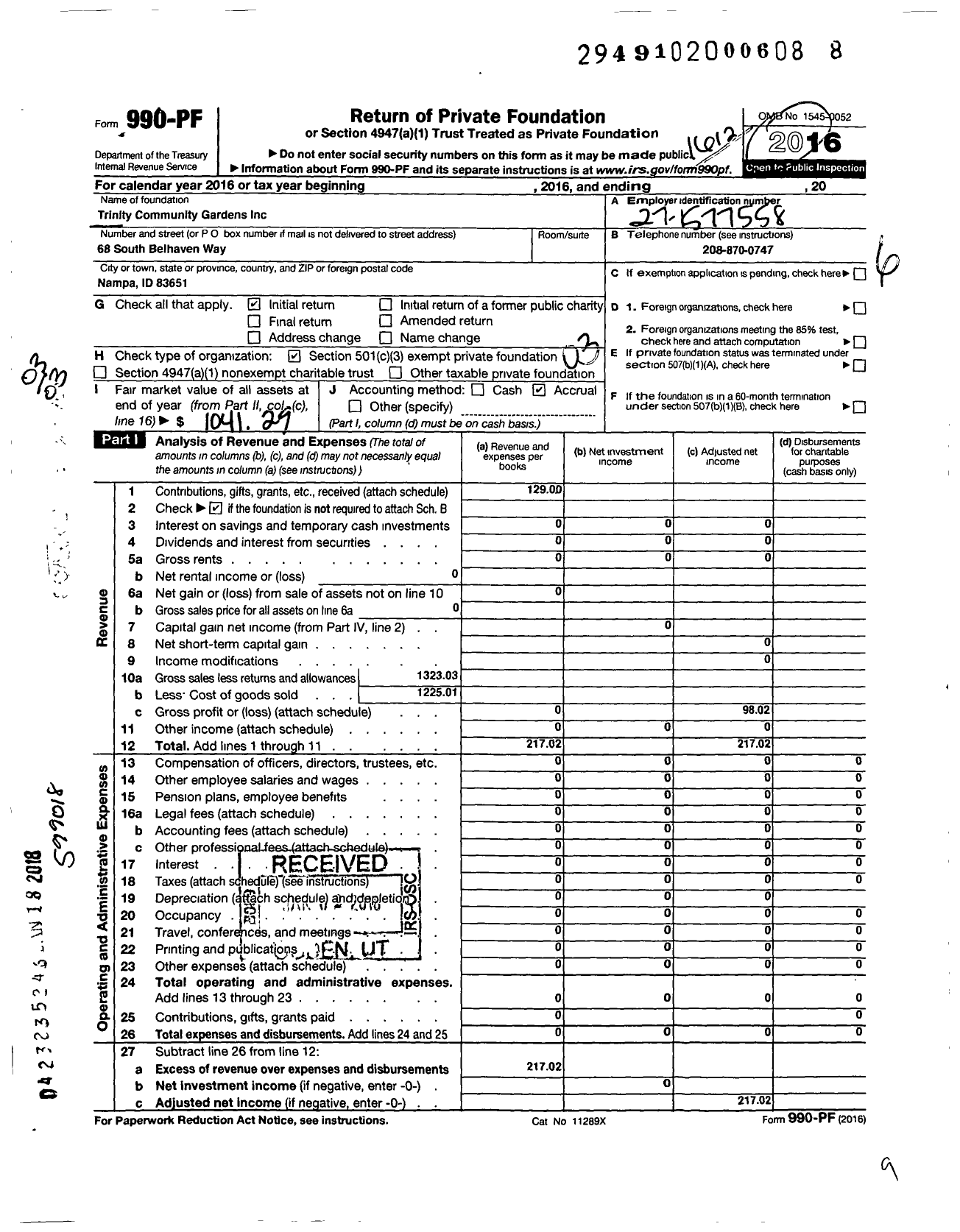 Image of first page of 2016 Form 990PF for Trinity Community Gardens