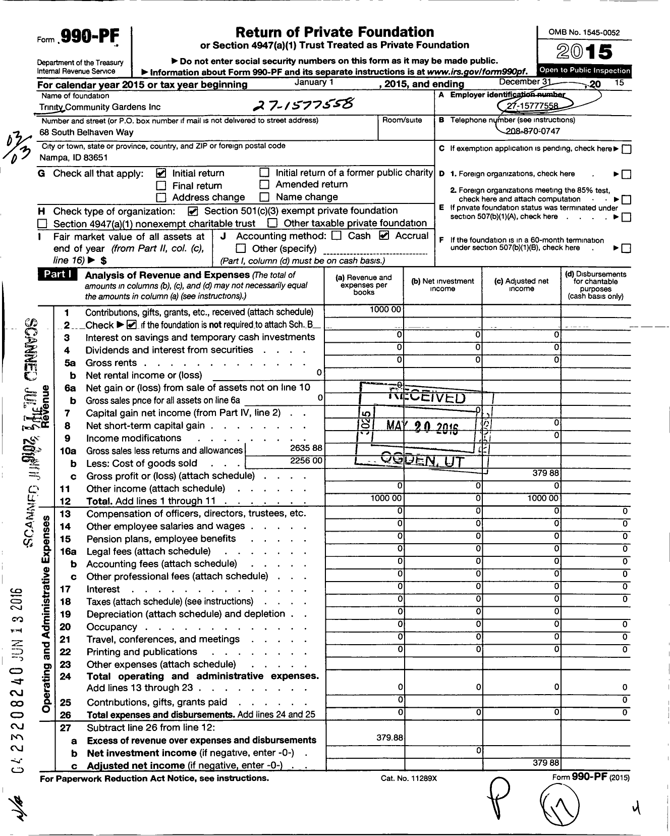 Image of first page of 2015 Form 990PF for Trinity Community Gardens