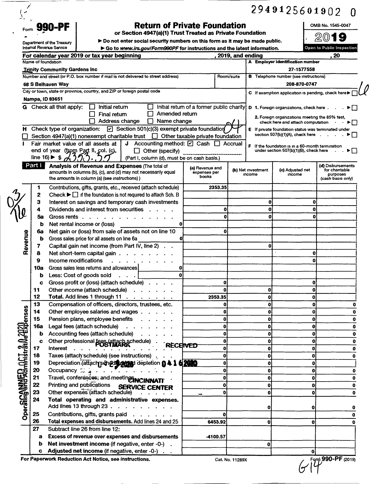 Image of first page of 2019 Form 990PR for Trinity Community Gardens