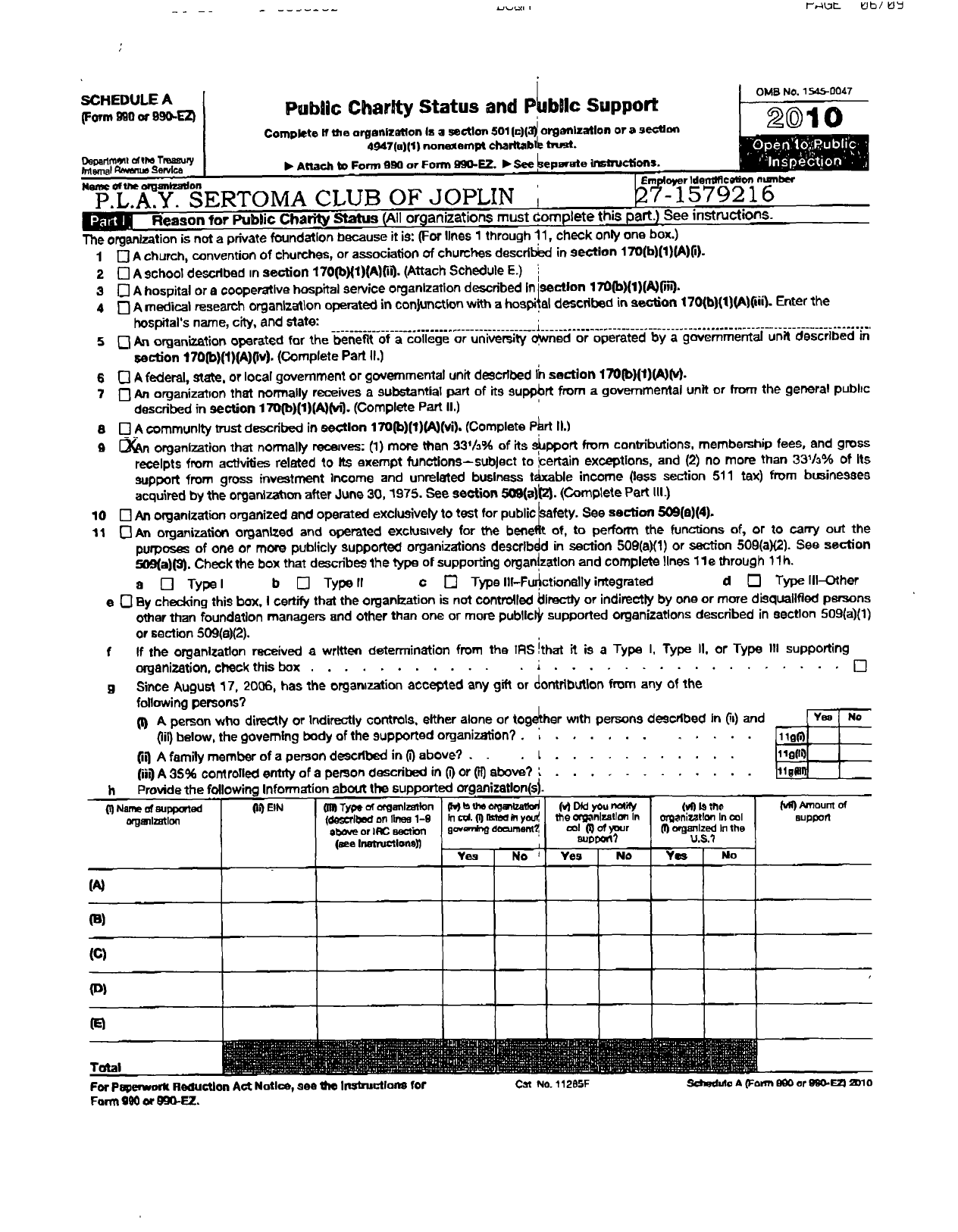 Image of first page of 2010 Form 990ER for Sertoma - Play Sertoma Club of Joplin