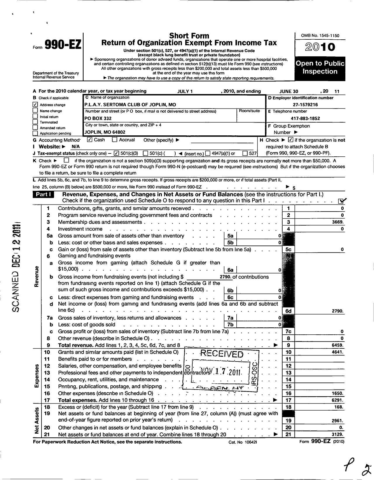 Image of first page of 2010 Form 990EZ for Sertoma - Play Sertoma Club of Joplin