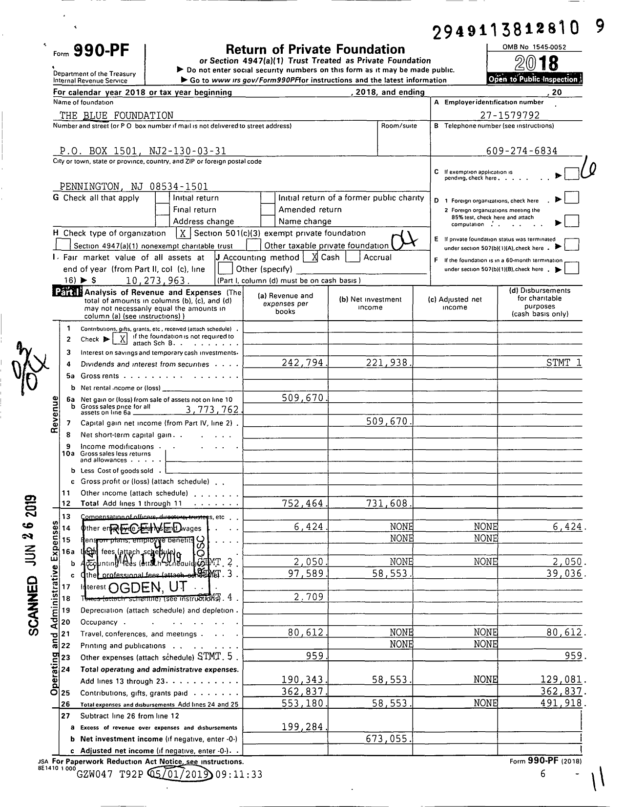Image of first page of 2018 Form 990PF for The Blue Foundation
