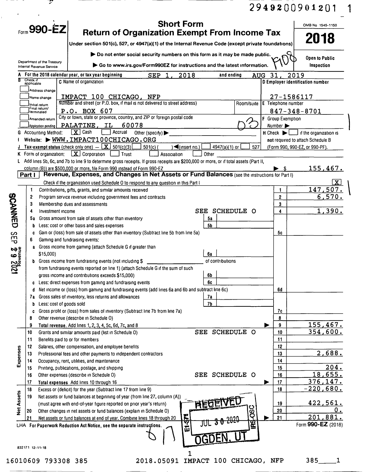 Image of first page of 2018 Form 990EZ for Impact 100 Chicago NFP