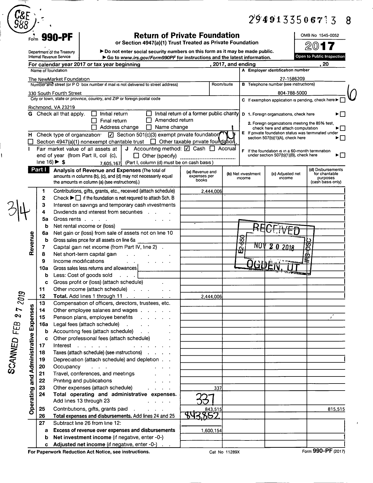 Image of first page of 2017 Form 990PF for The NewMarket Foundation