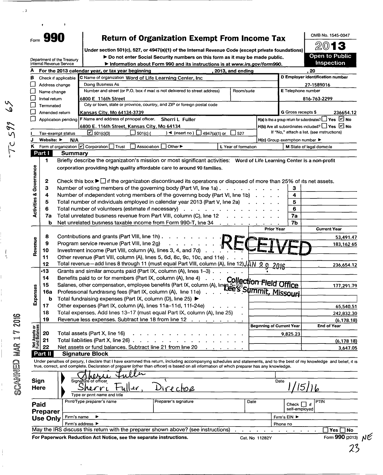 Image of first page of 2013 Form 990 for Word of Life Learning Center