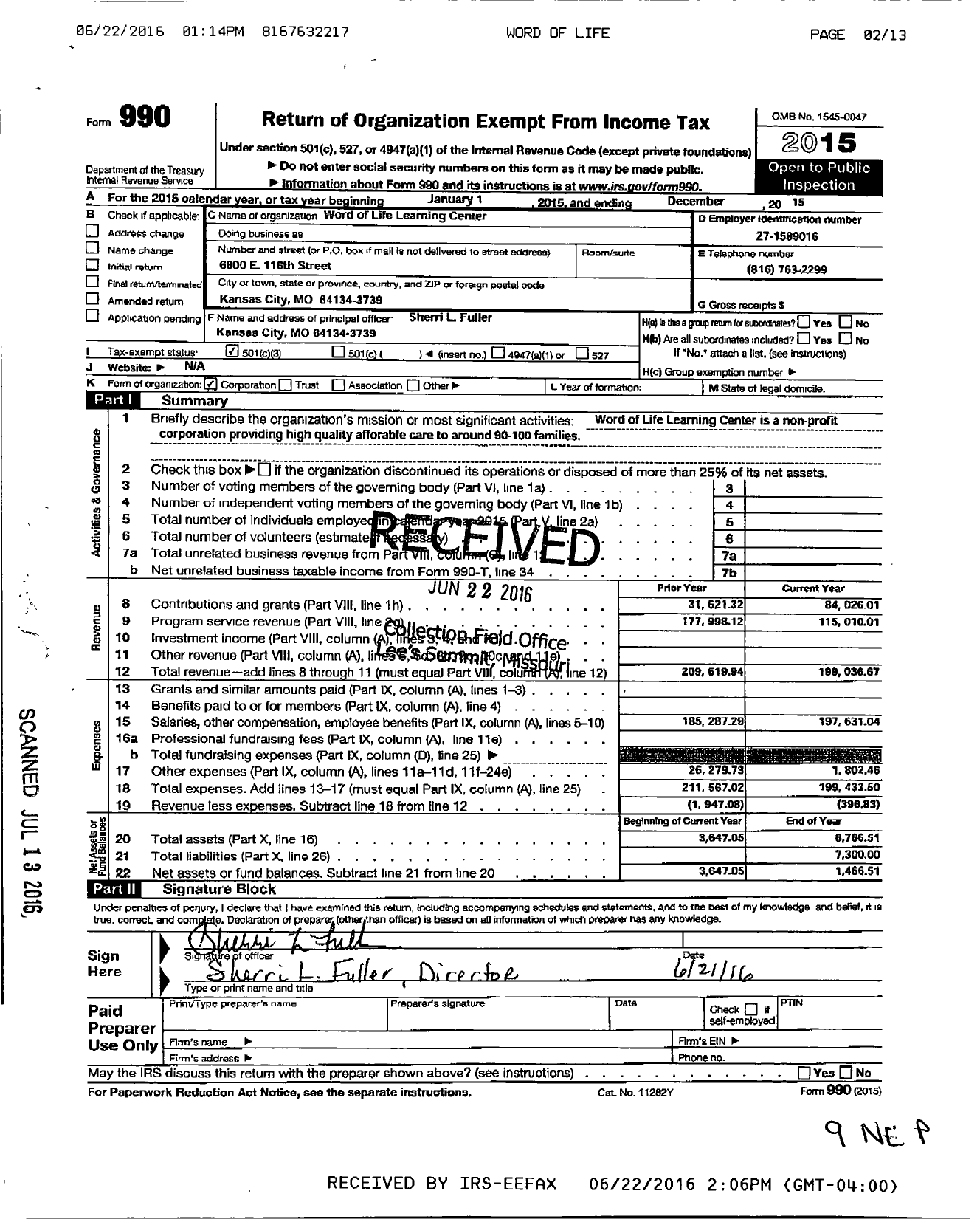 Image of first page of 2015 Form 990 for Word of Life Learning Center