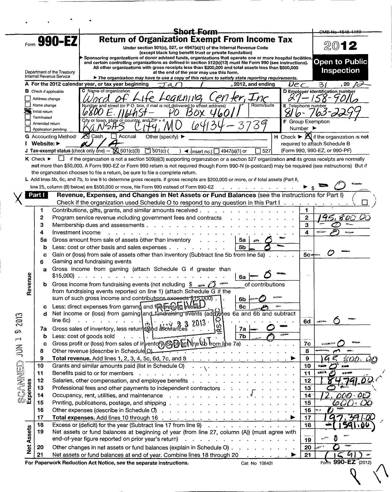 Image of first page of 2012 Form 990EZ for Word of Life Learning Center