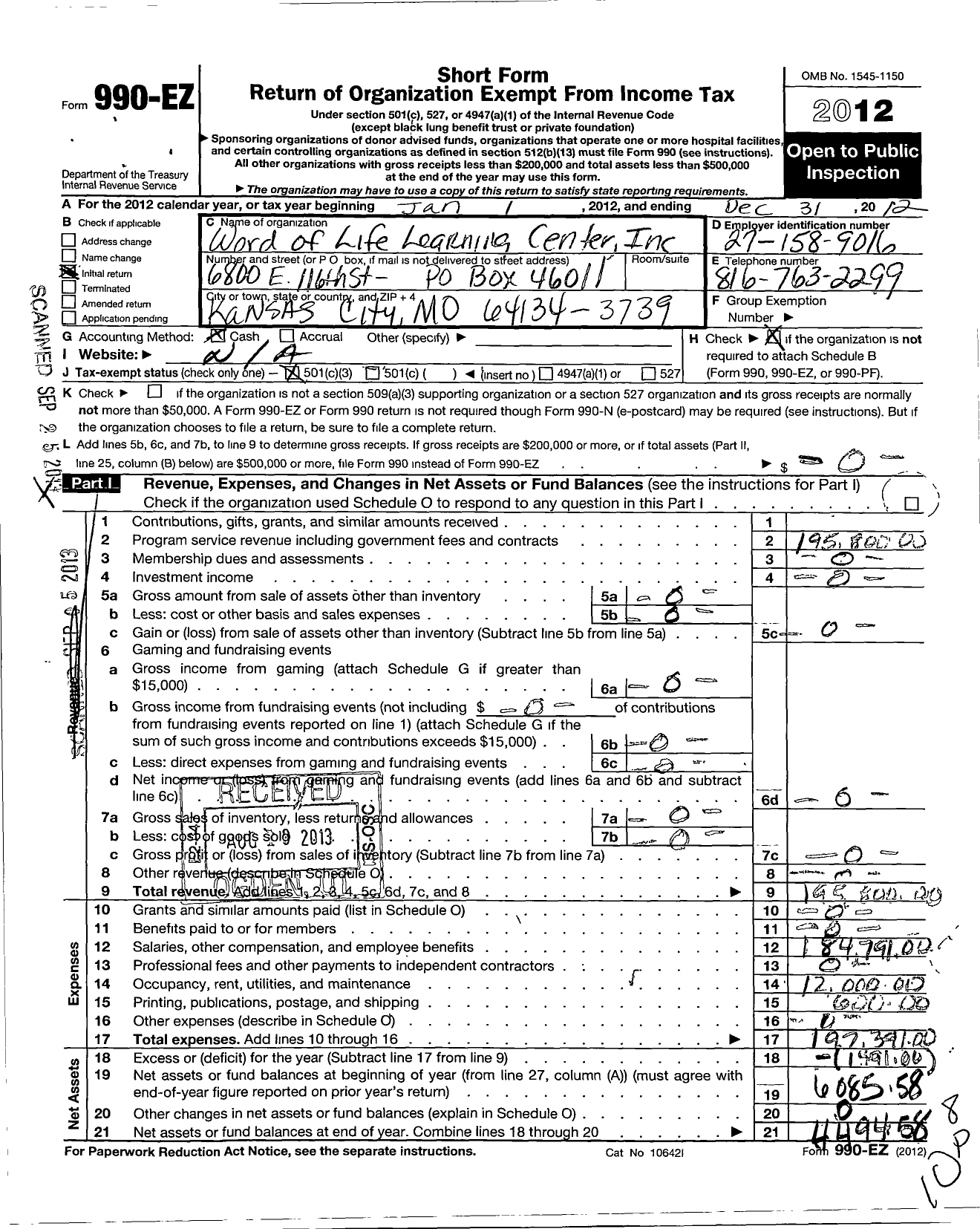 Image of first page of 2012 Form 990EZ for Word of Life Learning Center