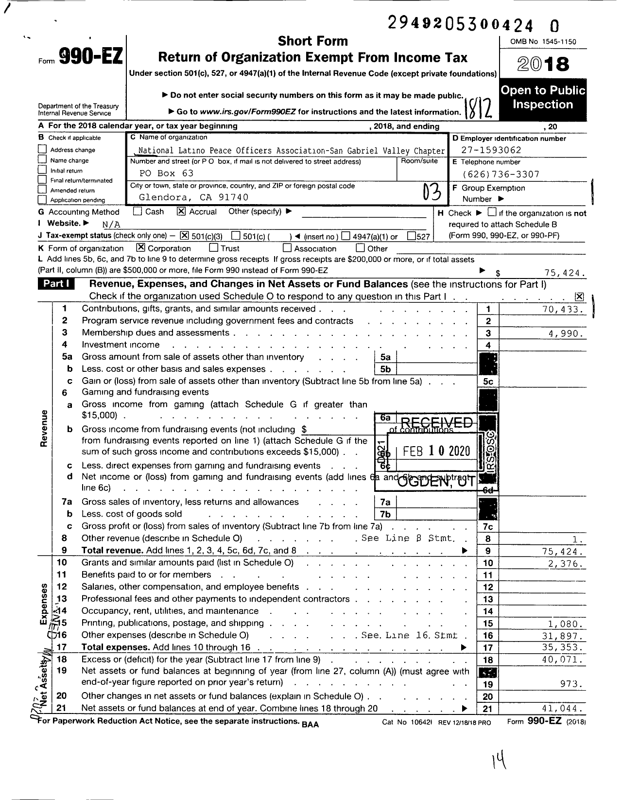 Image of first page of 2018 Form 990EZ for National Latino Peace Officers Association SGVC