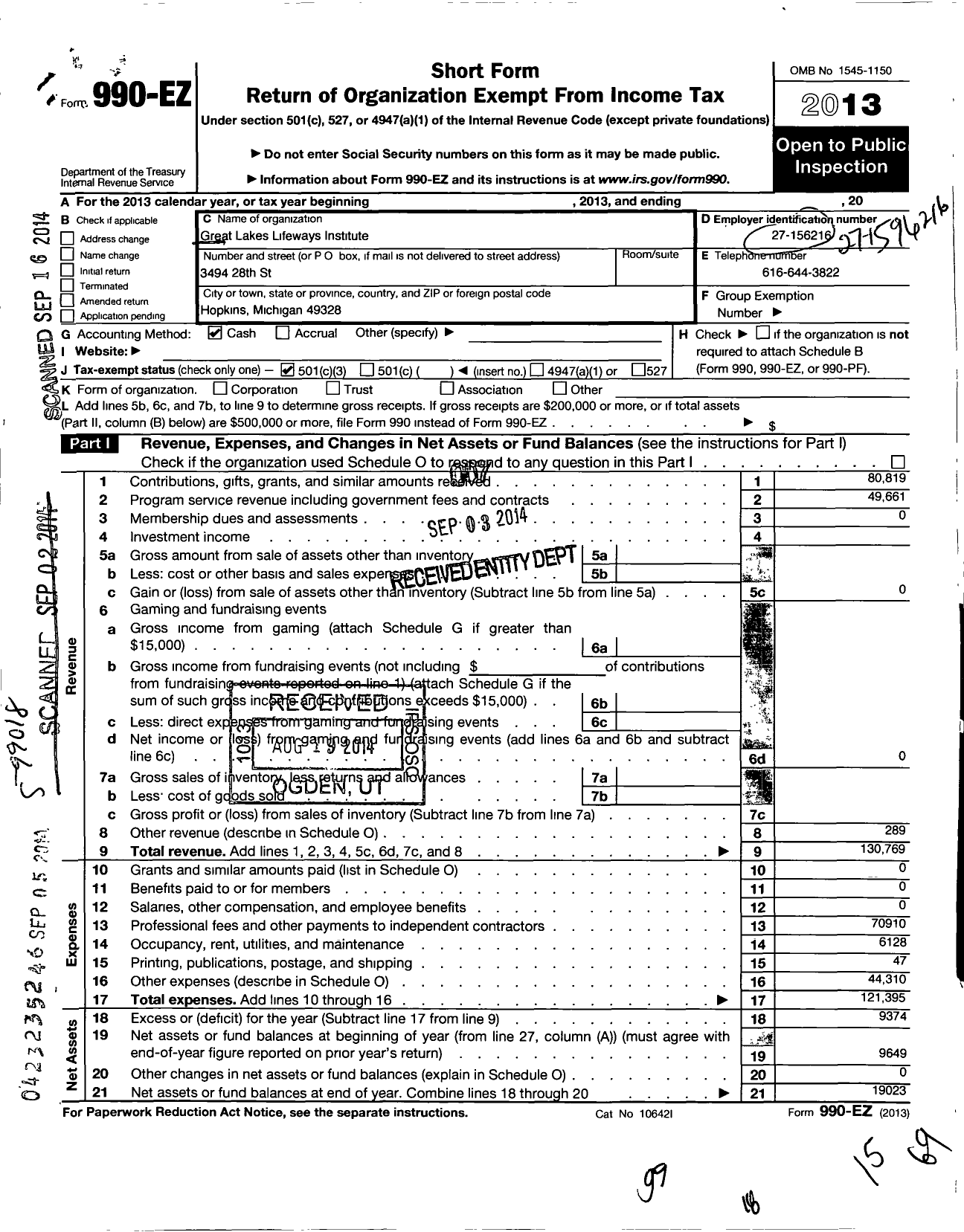 Image of first page of 2013 Form 990EZ for Great Lakes Lifeways Institute