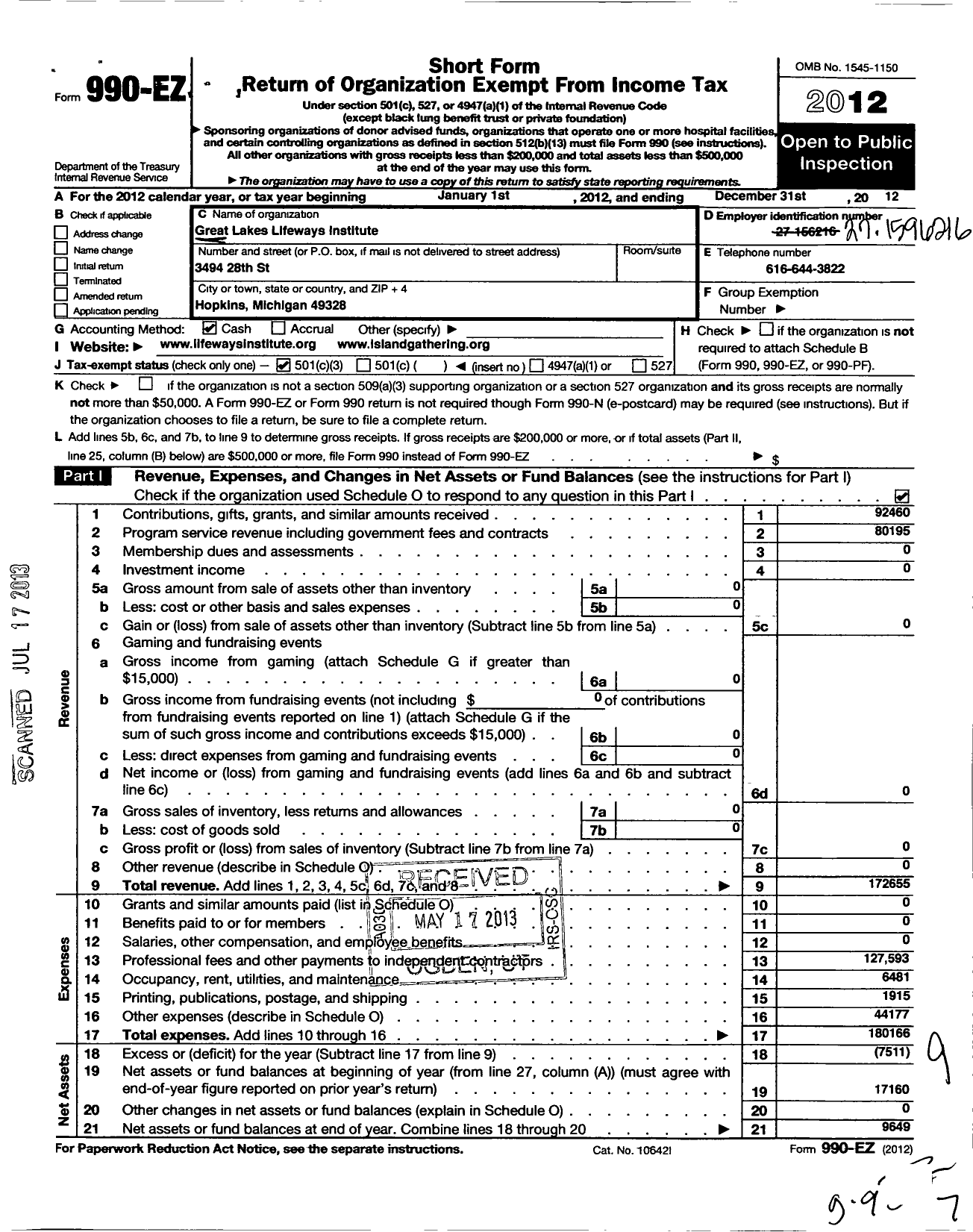 Image of first page of 2012 Form 990EZ for Great Lakes Lifeways Institute