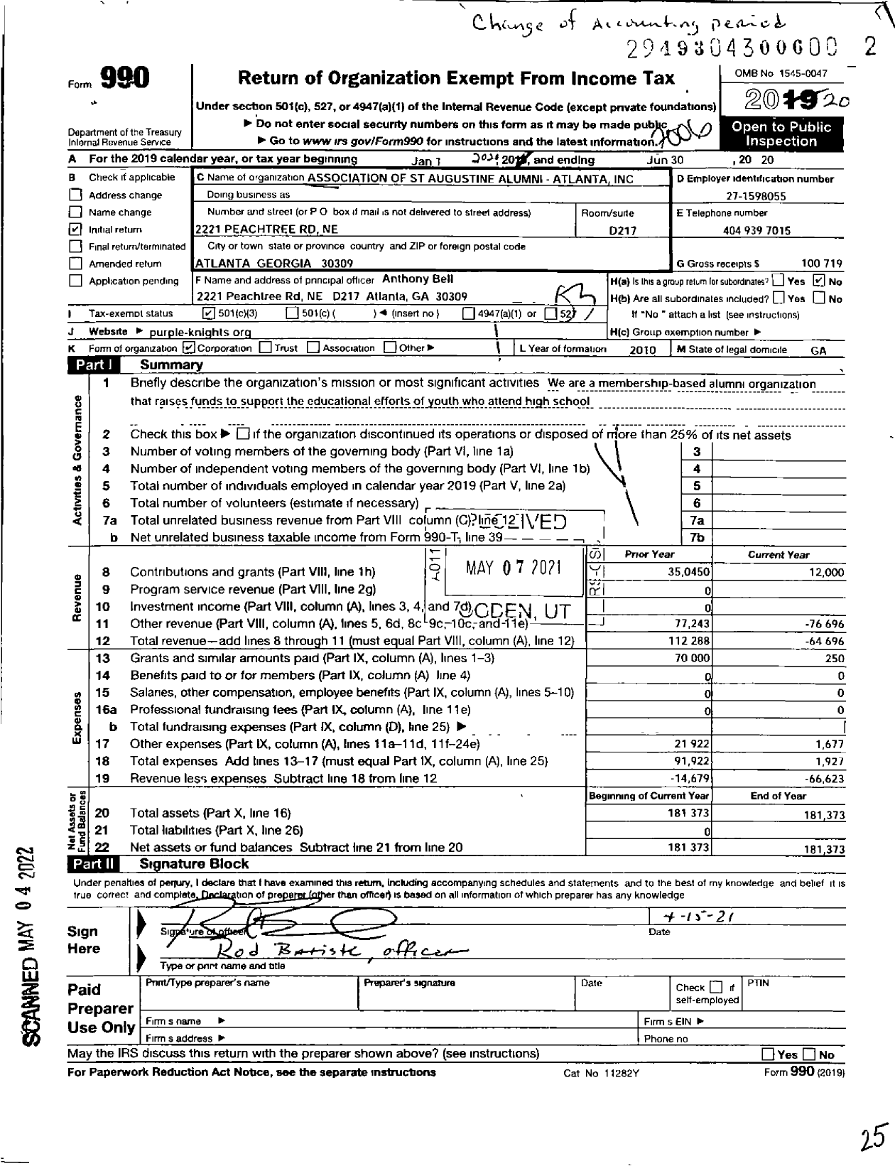 Image of first page of 2019 Form 990 for Association of St Augustine Alumni - Atlanta