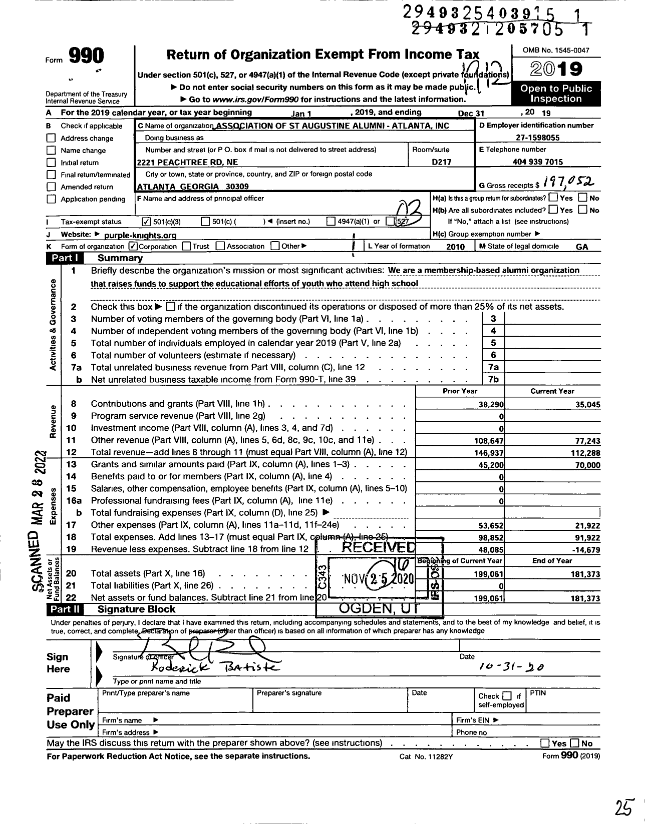 Image of first page of 2019 Form 990 for Association of St Augustine Alumni - Atlanta