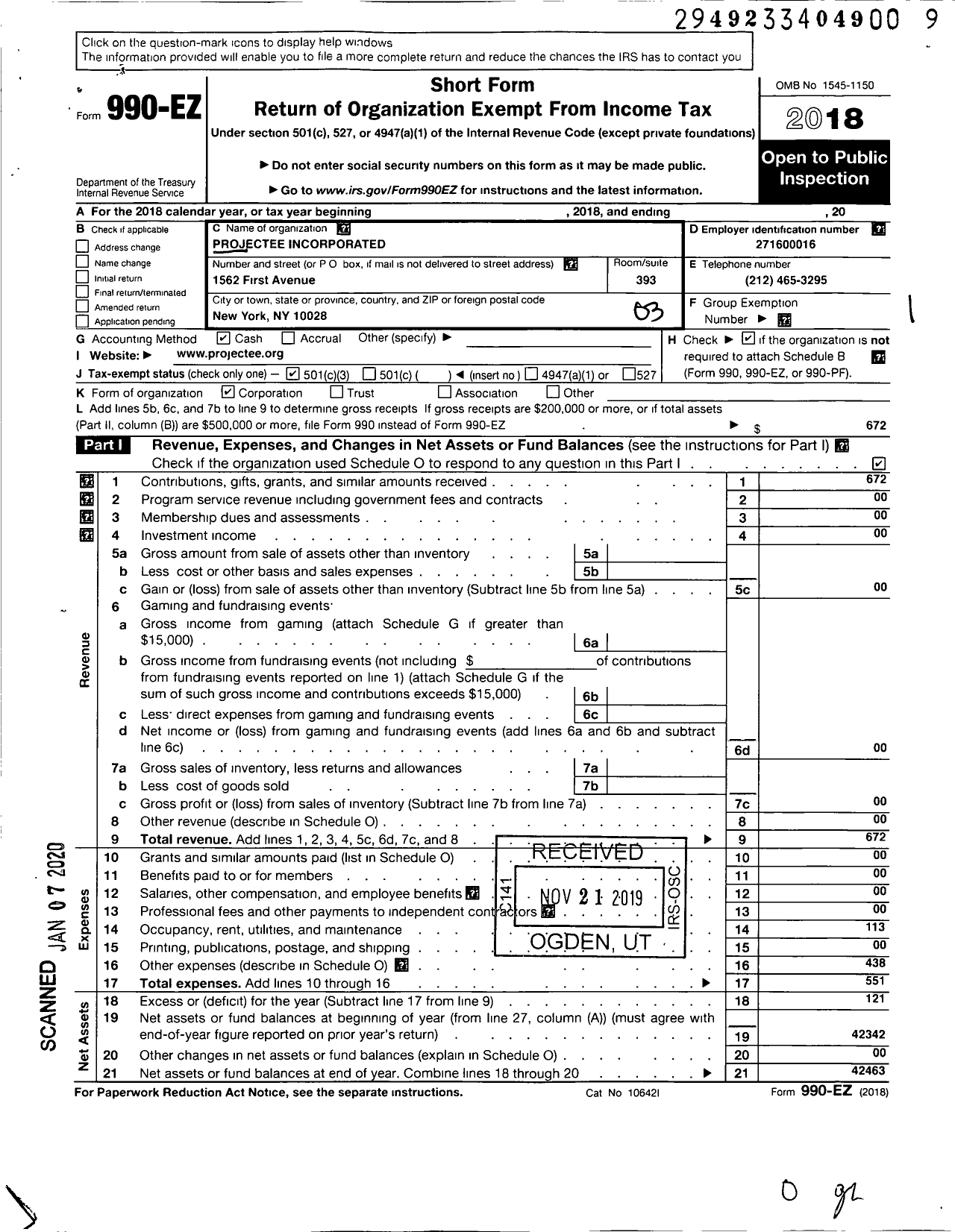 Image of first page of 2018 Form 990EZ for Projectee Incorporated