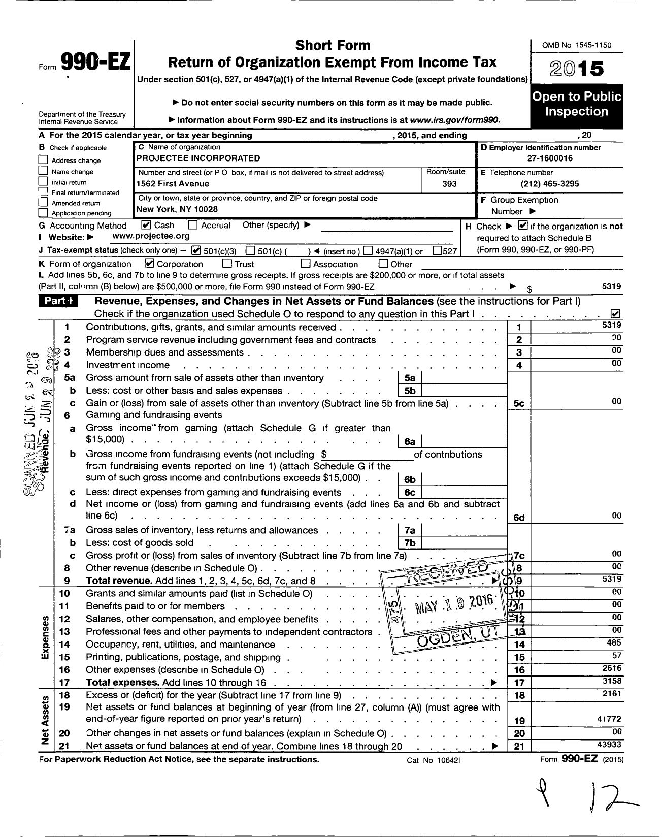 Image of first page of 2015 Form 990EZ for Projectee Incorporated