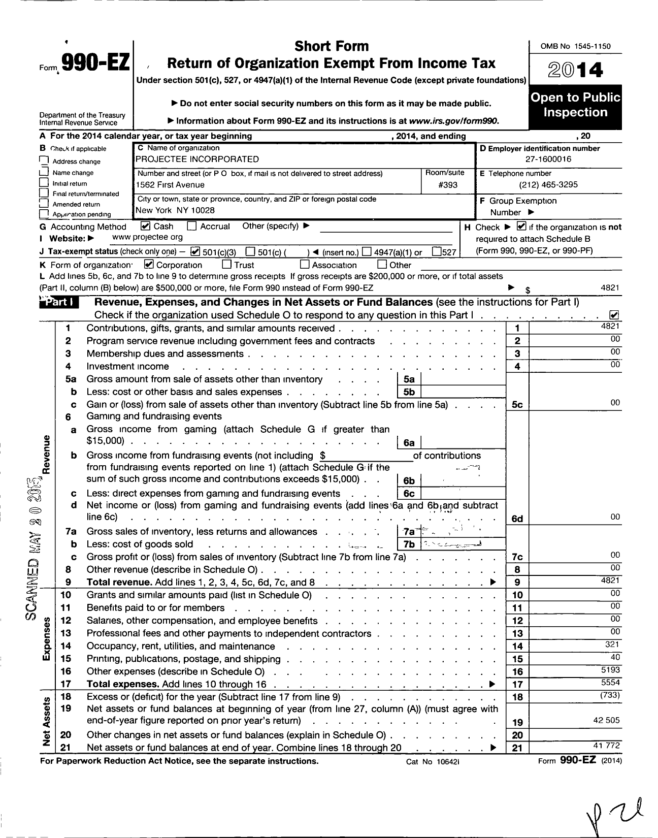 Image of first page of 2014 Form 990EZ for Projectee Incorporated