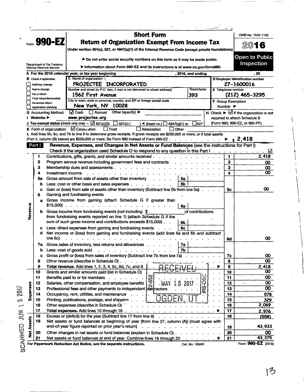 Image of first page of 2016 Form 990EZ for Projectee Incorporated