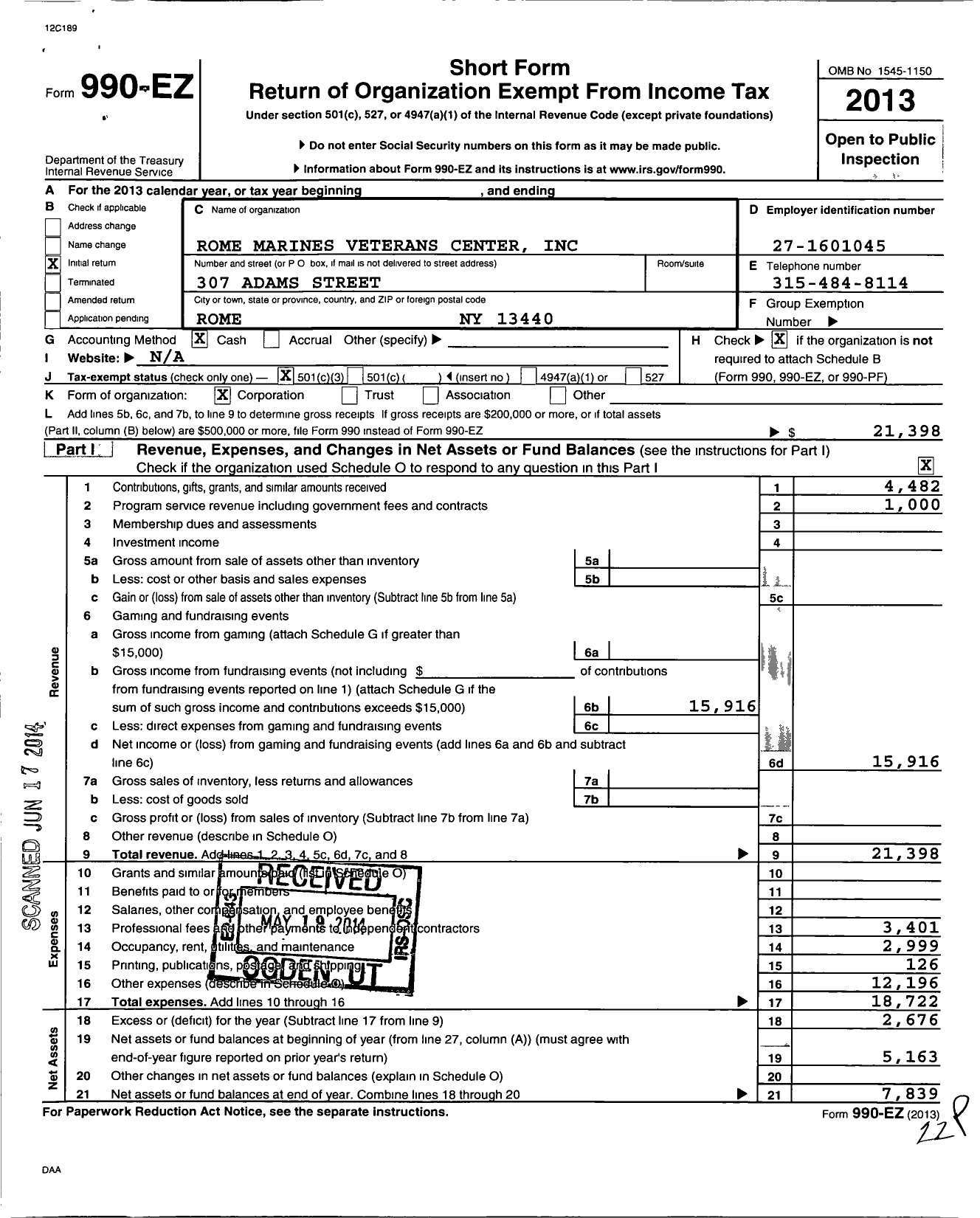 Image of first page of 2013 Form 990EZ for Rome Marines