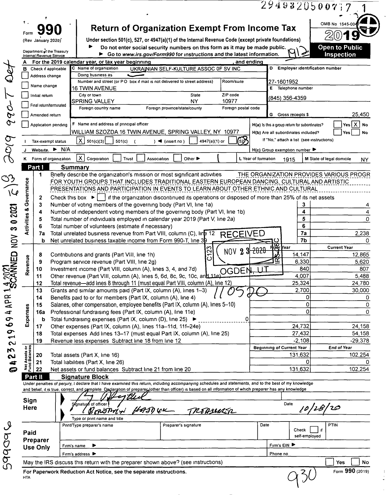 Image of first page of 2019 Form 990 for Ukrainian Self-Kulture Association 0F SV