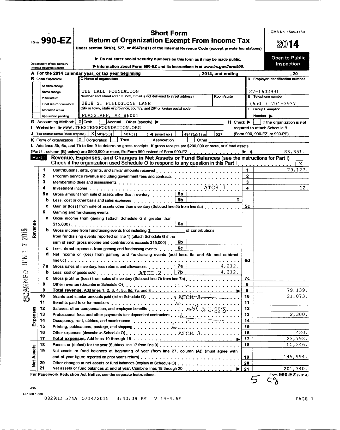 Image of first page of 2014 Form 990EZ for Hall Foundation