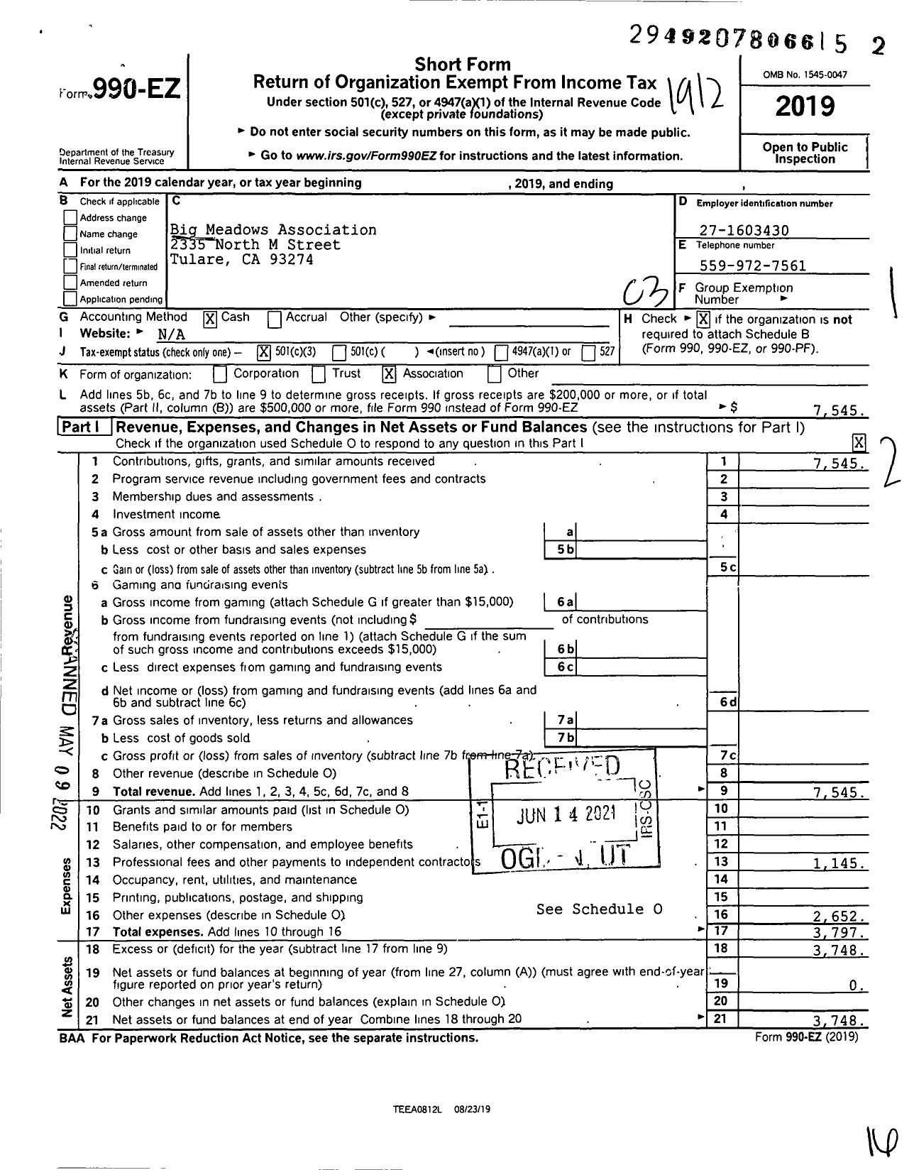 Image of first page of 2019 Form 990EZ for Big Meadows Association