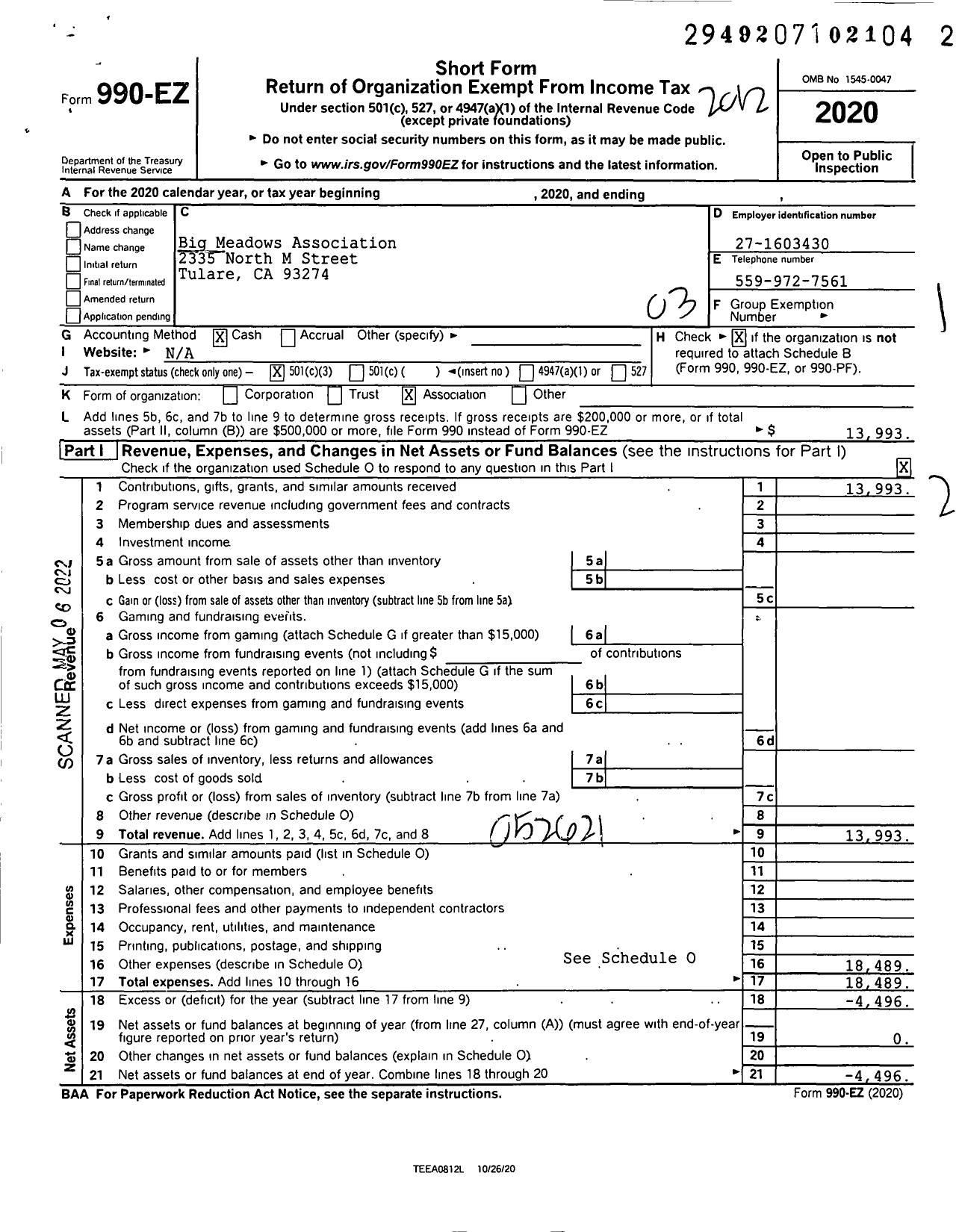 Image of first page of 2020 Form 990EZ for Big Meadows Association