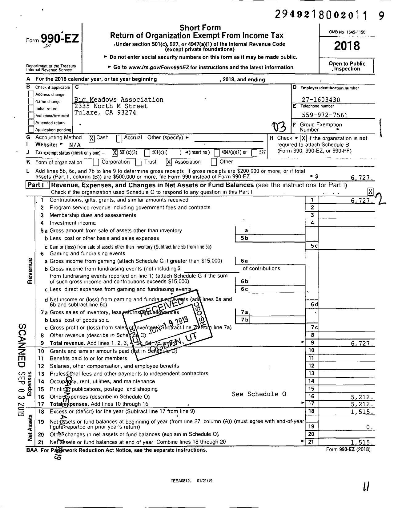 Image of first page of 2018 Form 990EZ for Big Meadows Association