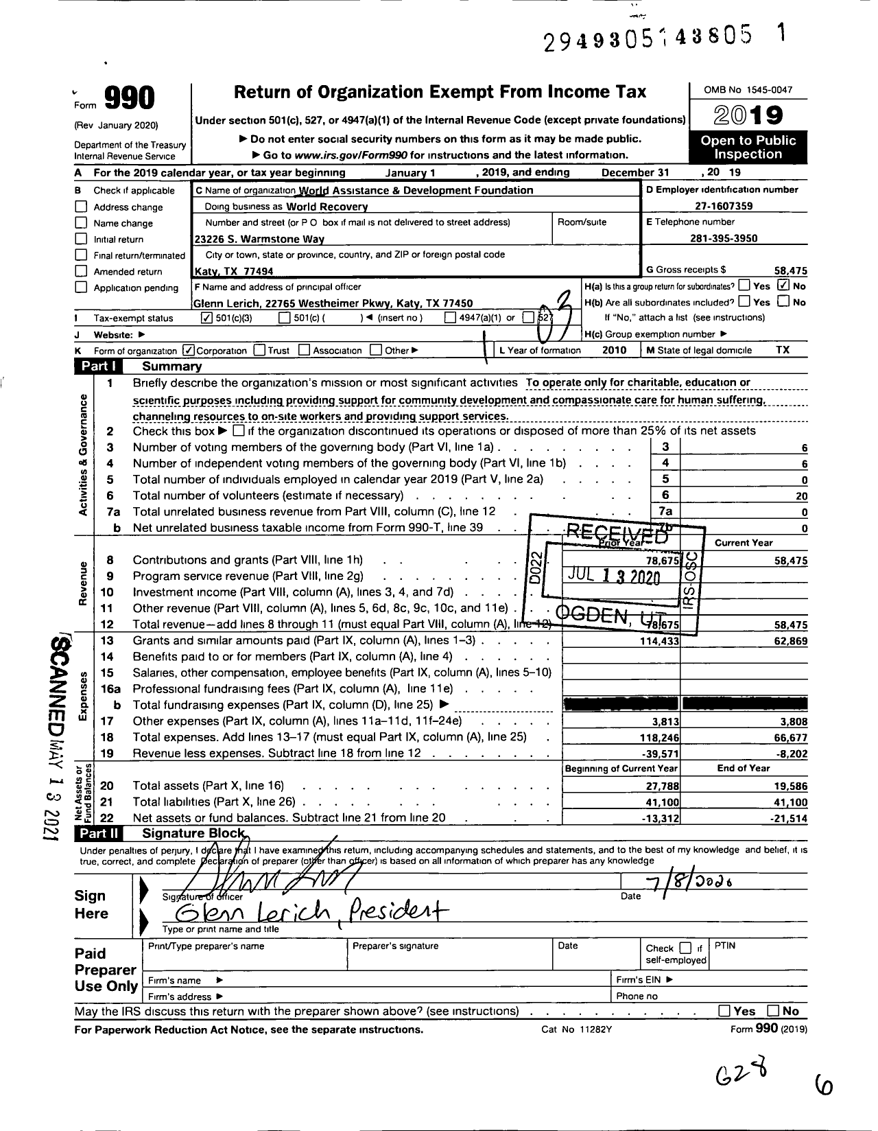 Image of first page of 2019 Form 990 for World Assistance and Development Foundation