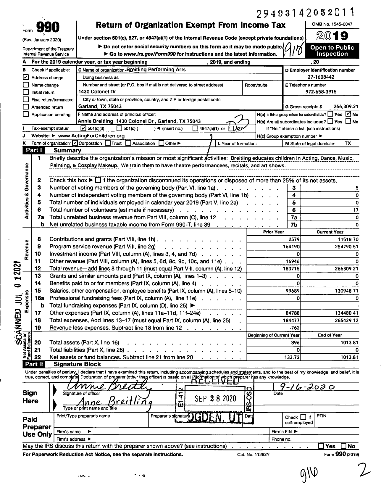 Image of first page of 2019 Form 990 for Breitling Performing Arts