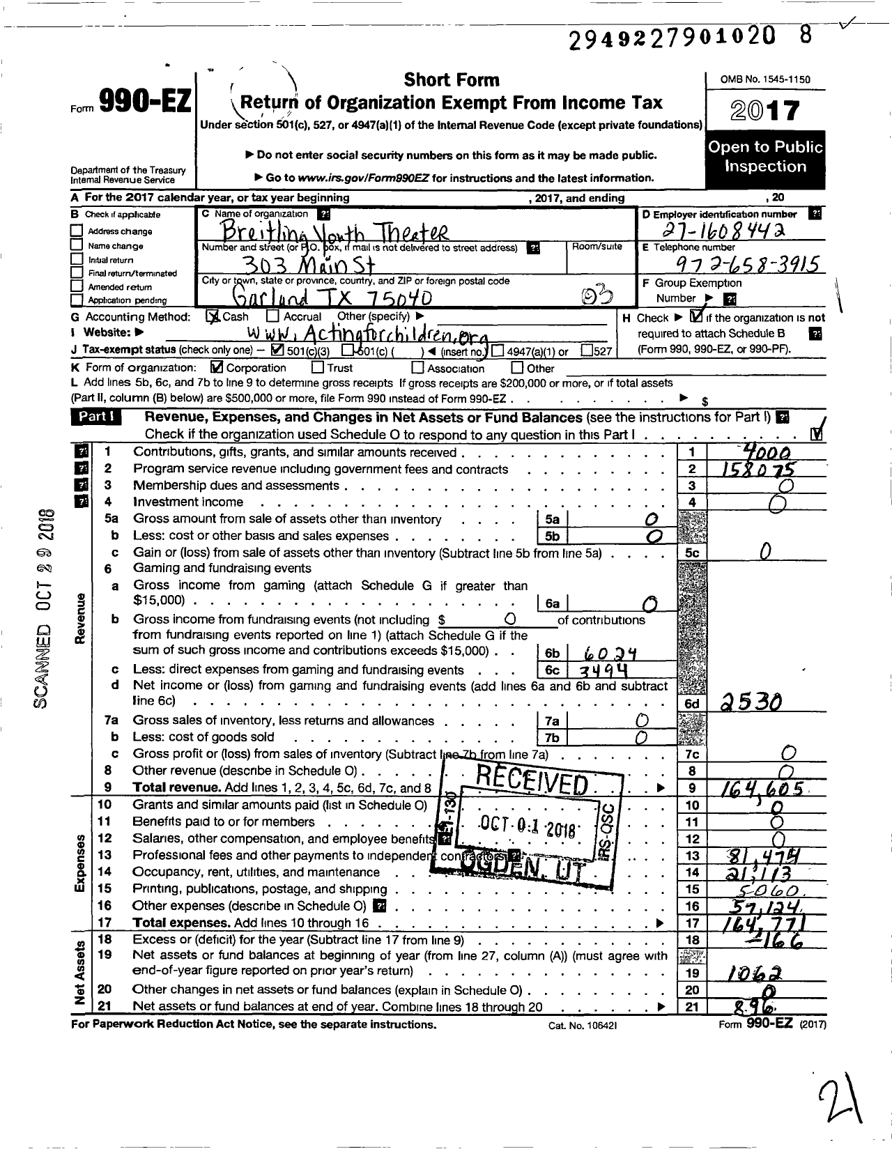 Image of first page of 2017 Form 990EZ for Breitling Performing Arts