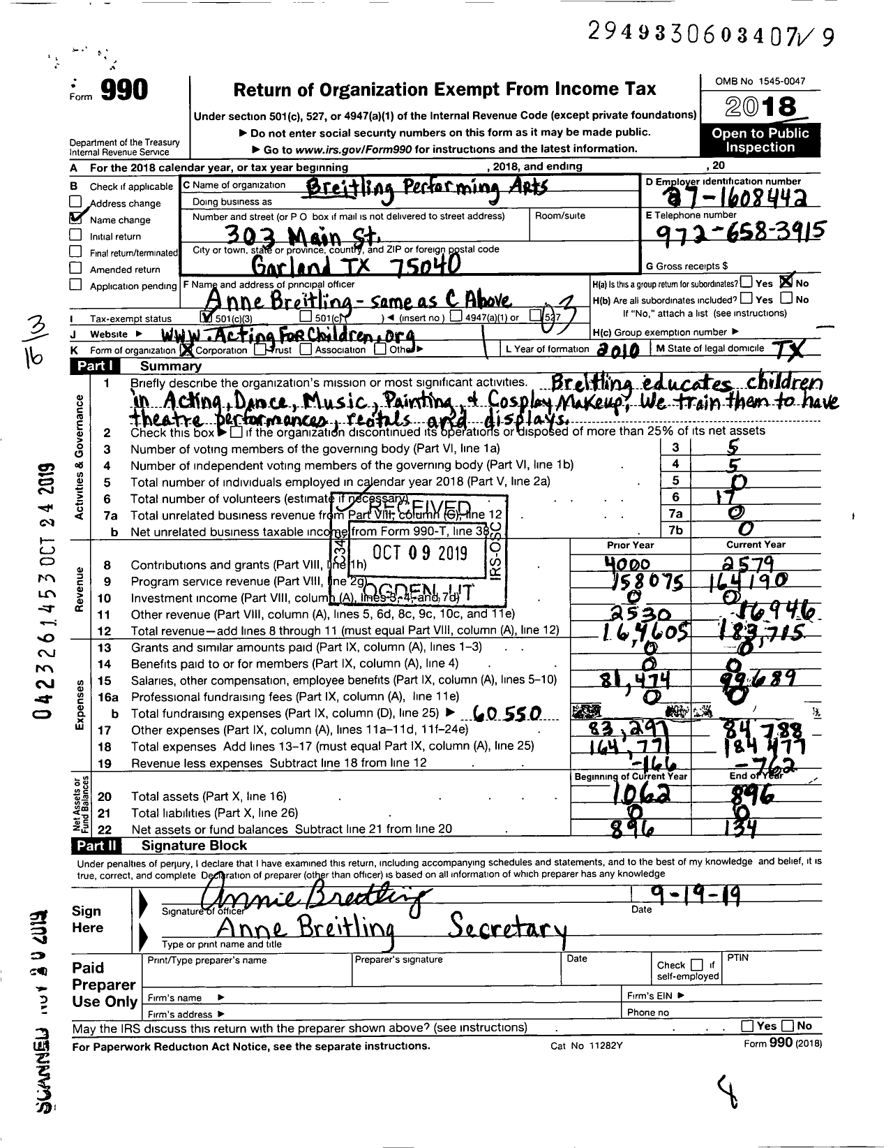 Image of first page of 2018 Form 990 for Breitling Performing Arts