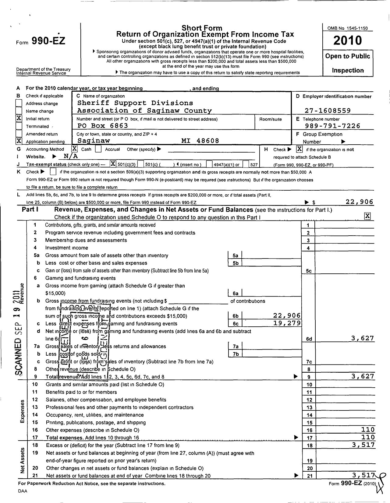 Image of first page of 2010 Form 990EZ for Sheriff Support Divisions