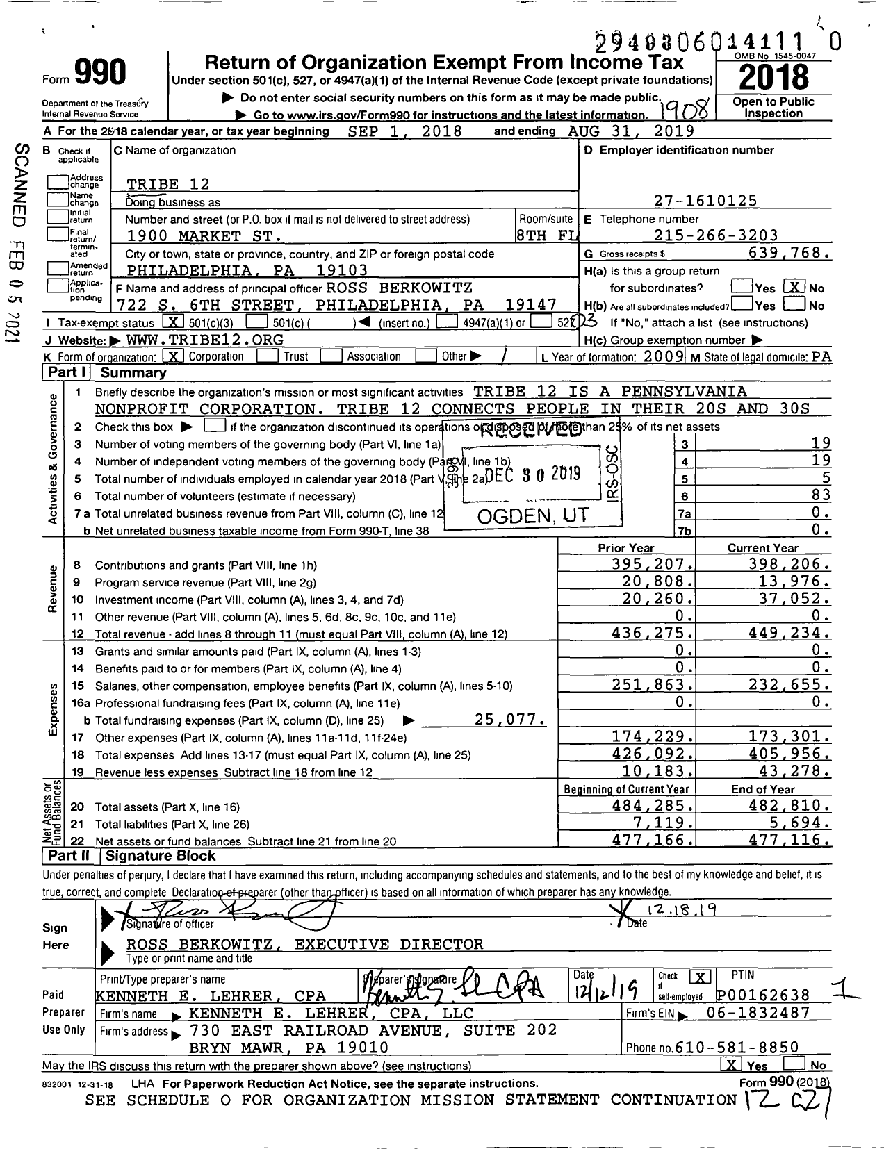 Image of first page of 2018 Form 990 for Tribe 12