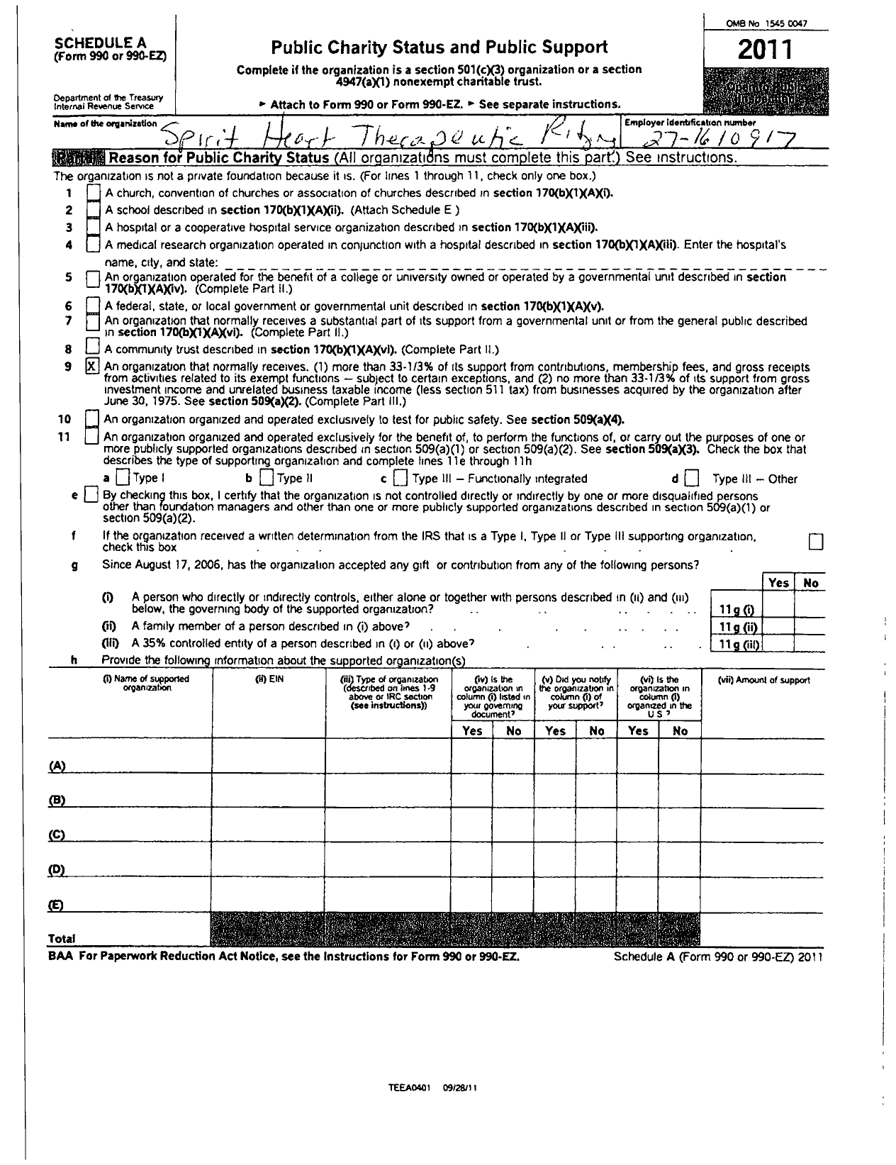 Image of first page of 2011 Form 990ER for Spirit Heart Therapeutic Riding