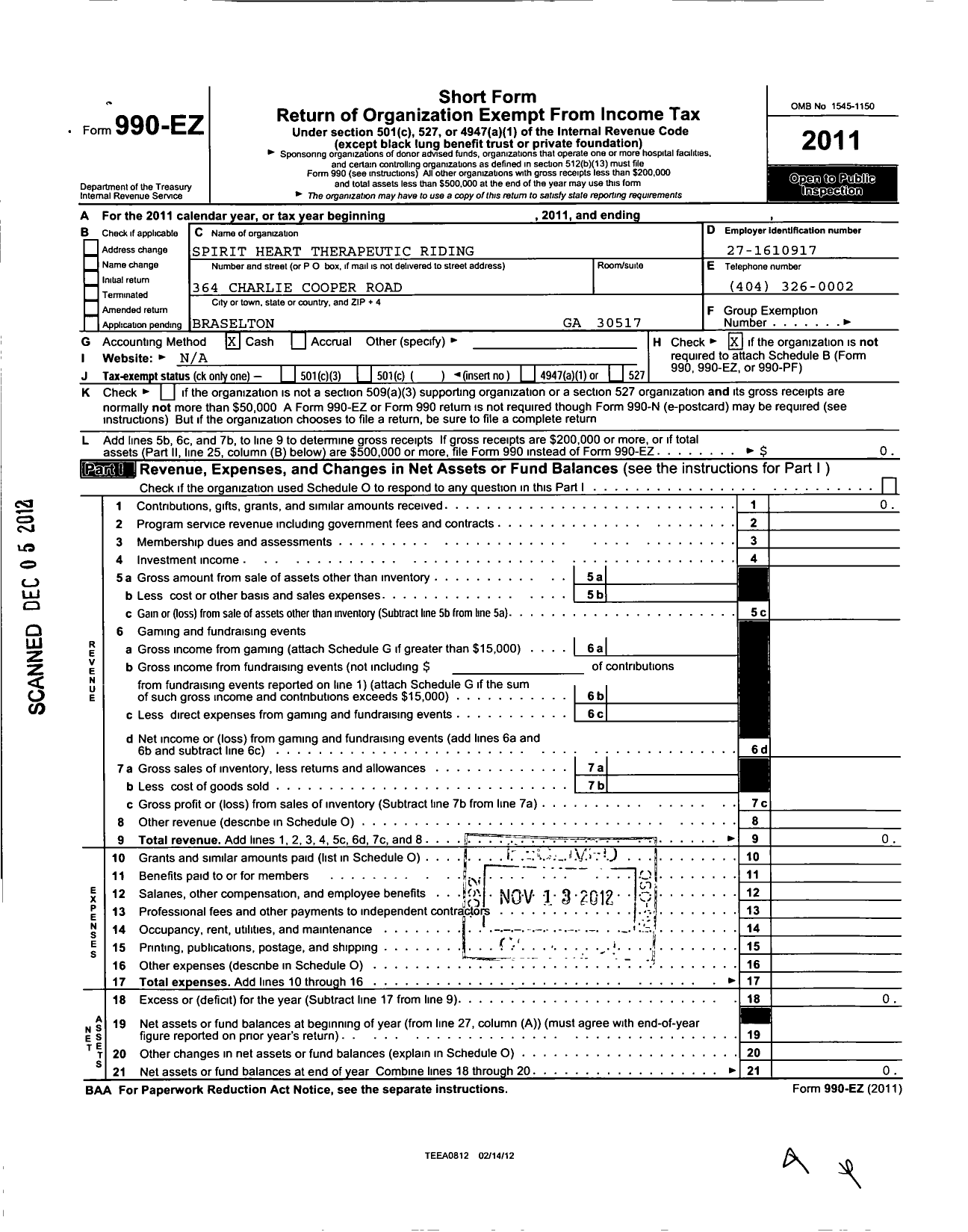 Image of first page of 2011 Form 990EO for Spirit Heart Therapeutic Riding