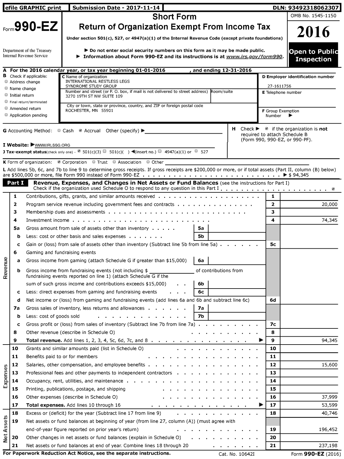 Image of first page of 2016 Form 990EZ for International Restless Legs Syndrome Study Group F