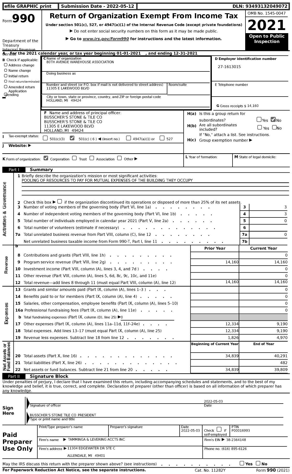 Image of first page of 2021 Form 990 for 80th Avenue Warehouse Association