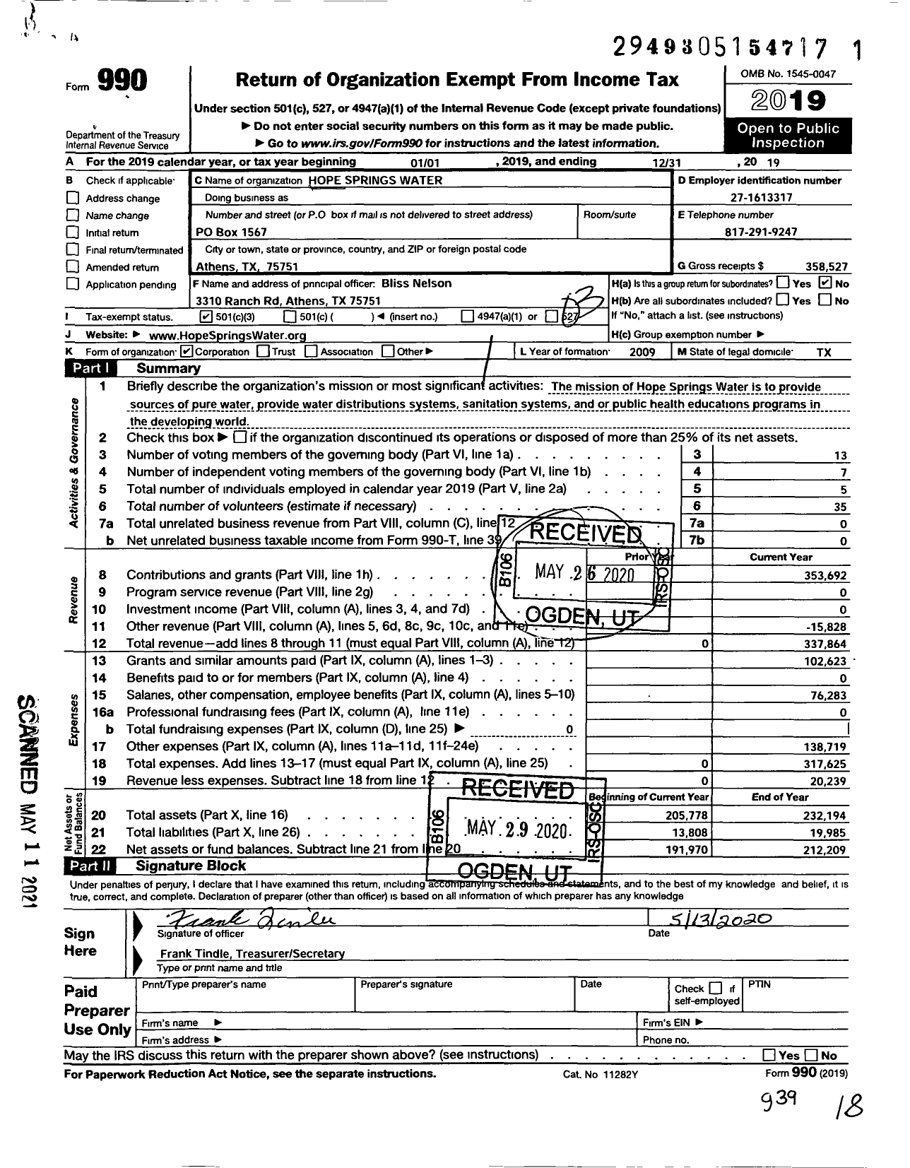 Image of first page of 2019 Form 990 for Hope Springs Water