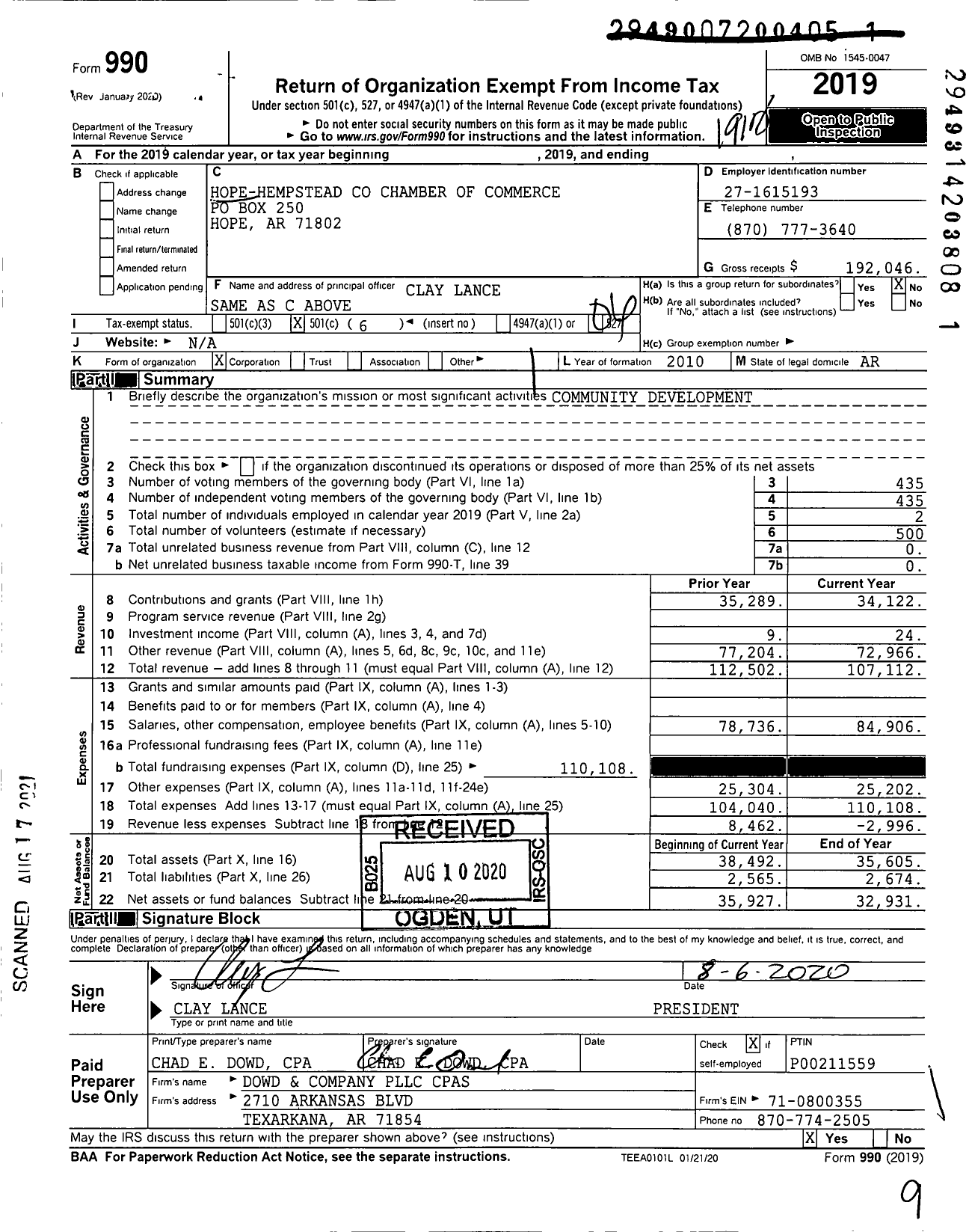 Image of first page of 2019 Form 990O for Hope-Hempstead Chamber of Commerce