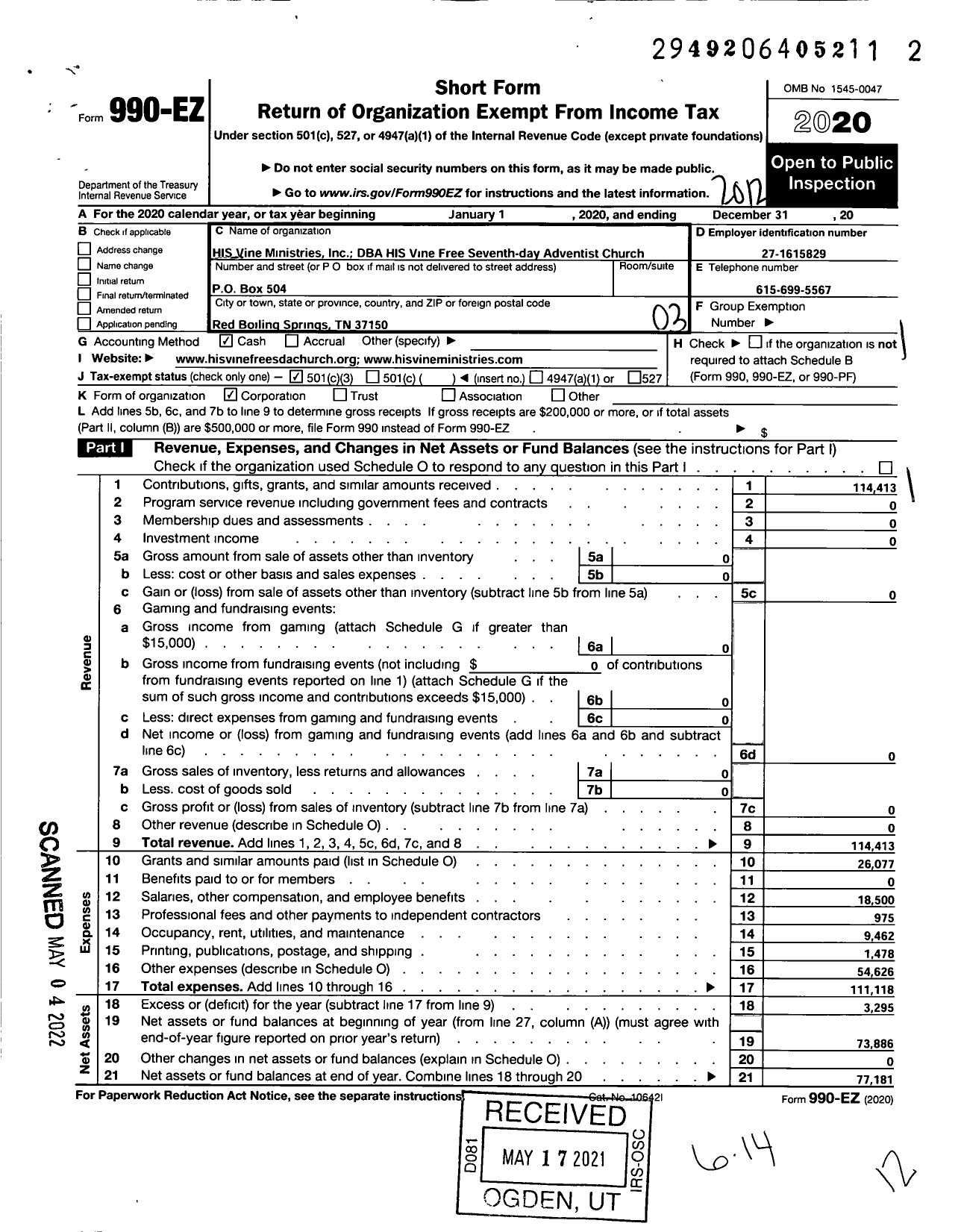 Image of first page of 2020 Form 990EZ for His Vine Ministries