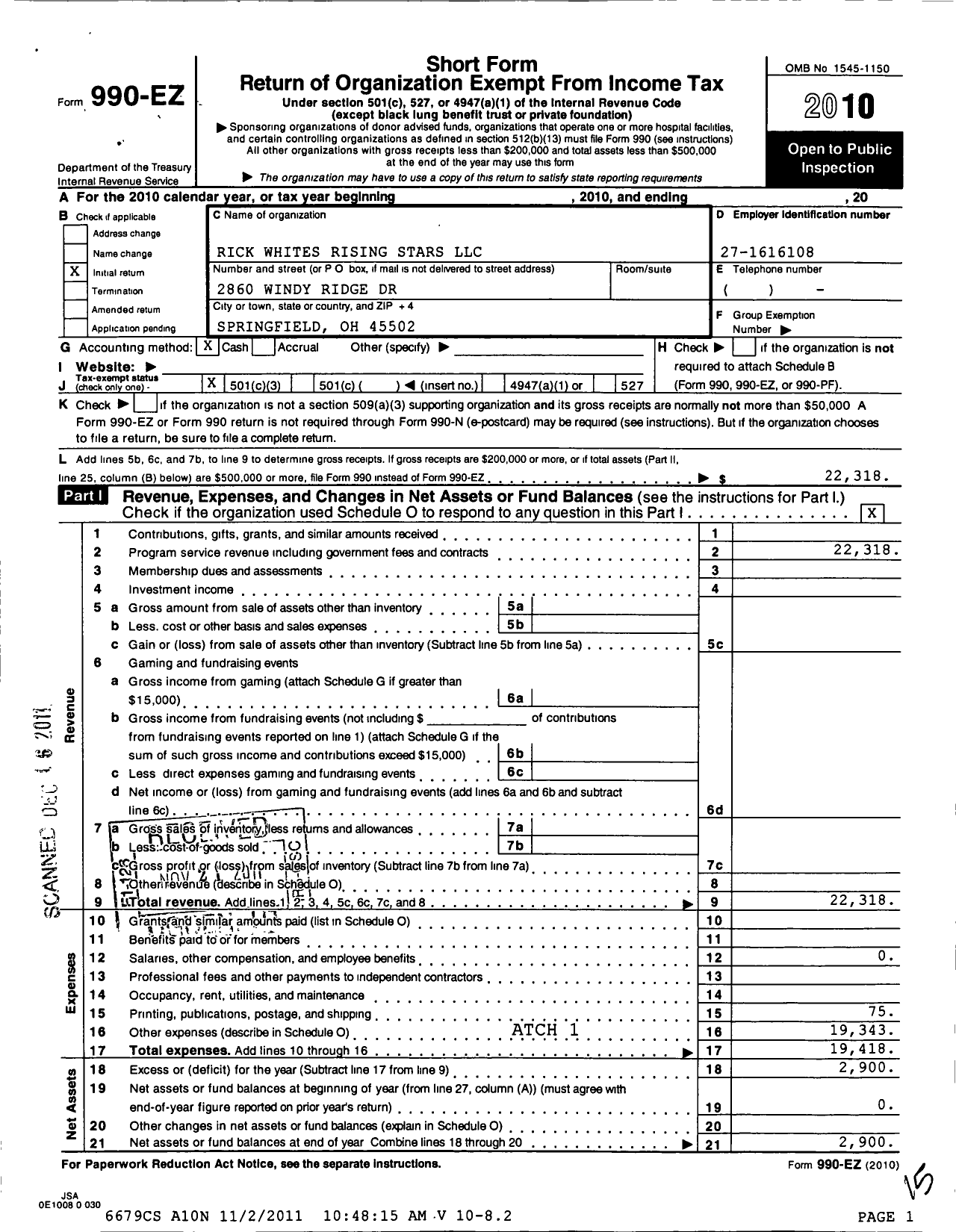 Image of first page of 2010 Form 990EZ for Rick Whites Rising Stars LLC