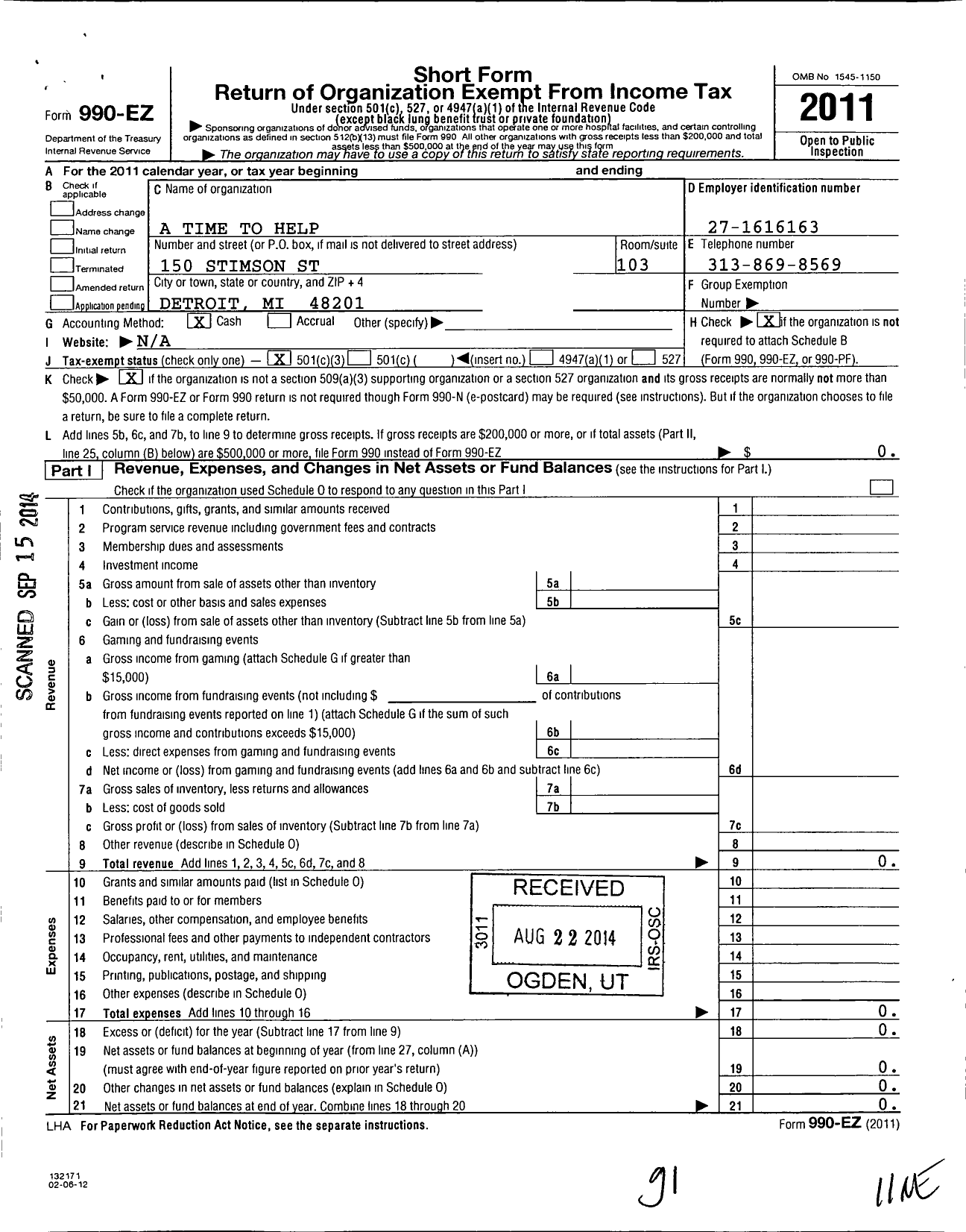 Image of first page of 2011 Form 990EZ for A Time To Help